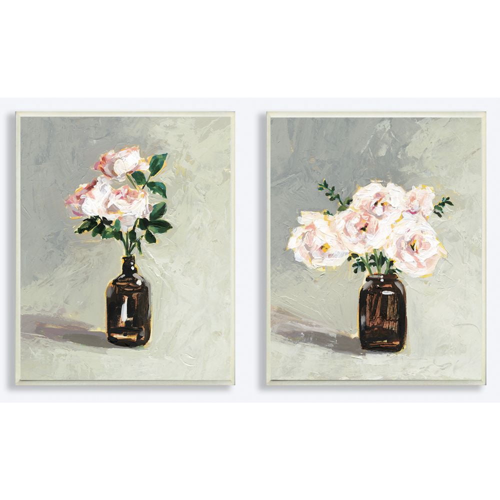 Stupell Industries Abstract Pink Green Flowers In Jug Neutral Grey Painting 2pc Wall Plaque Art Set by Victoria Borges