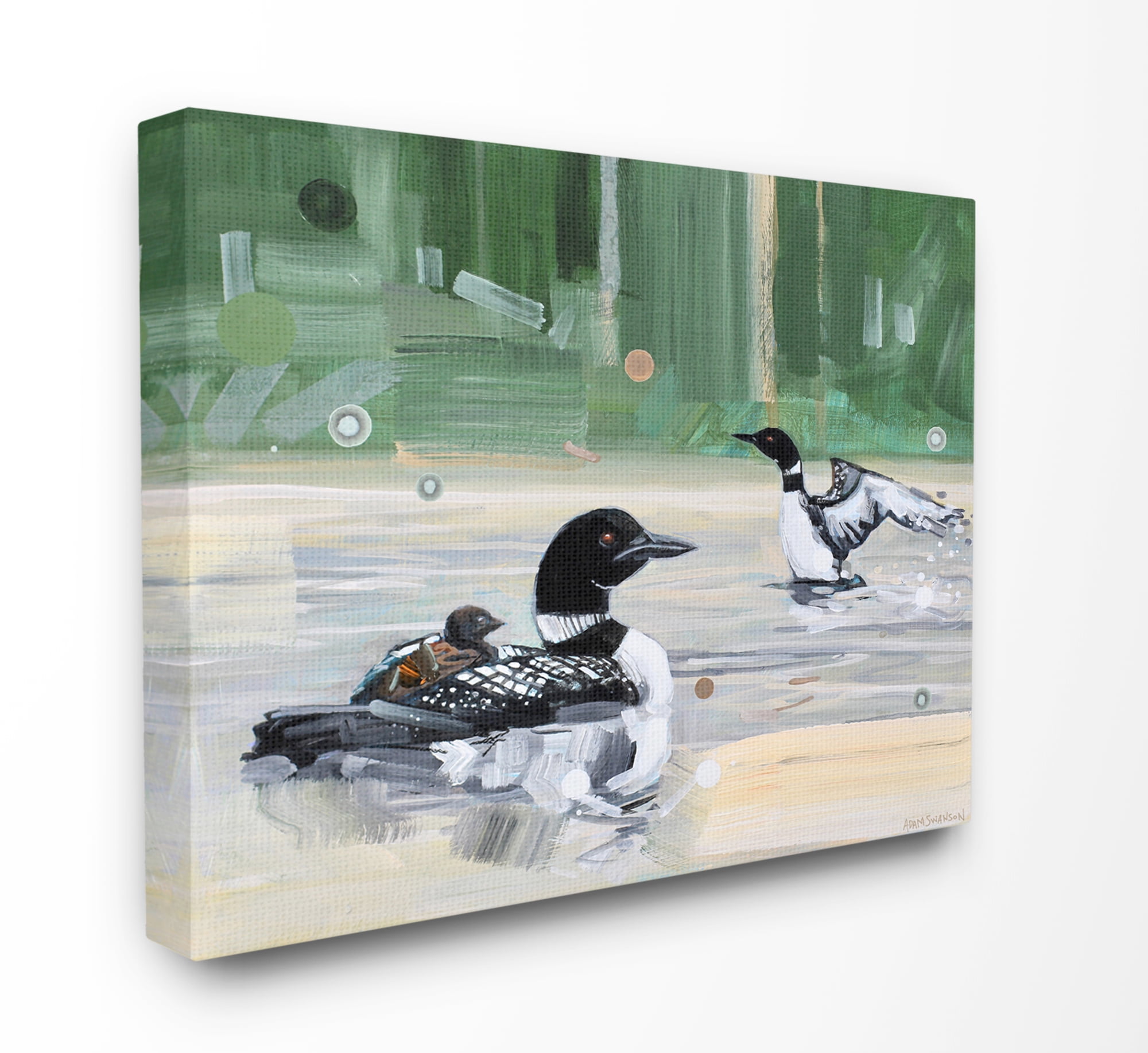 Stupell Industries Abstract Pond Ducks Green Yellow Animal Painting Canvas Wall Art by Adam Swanson