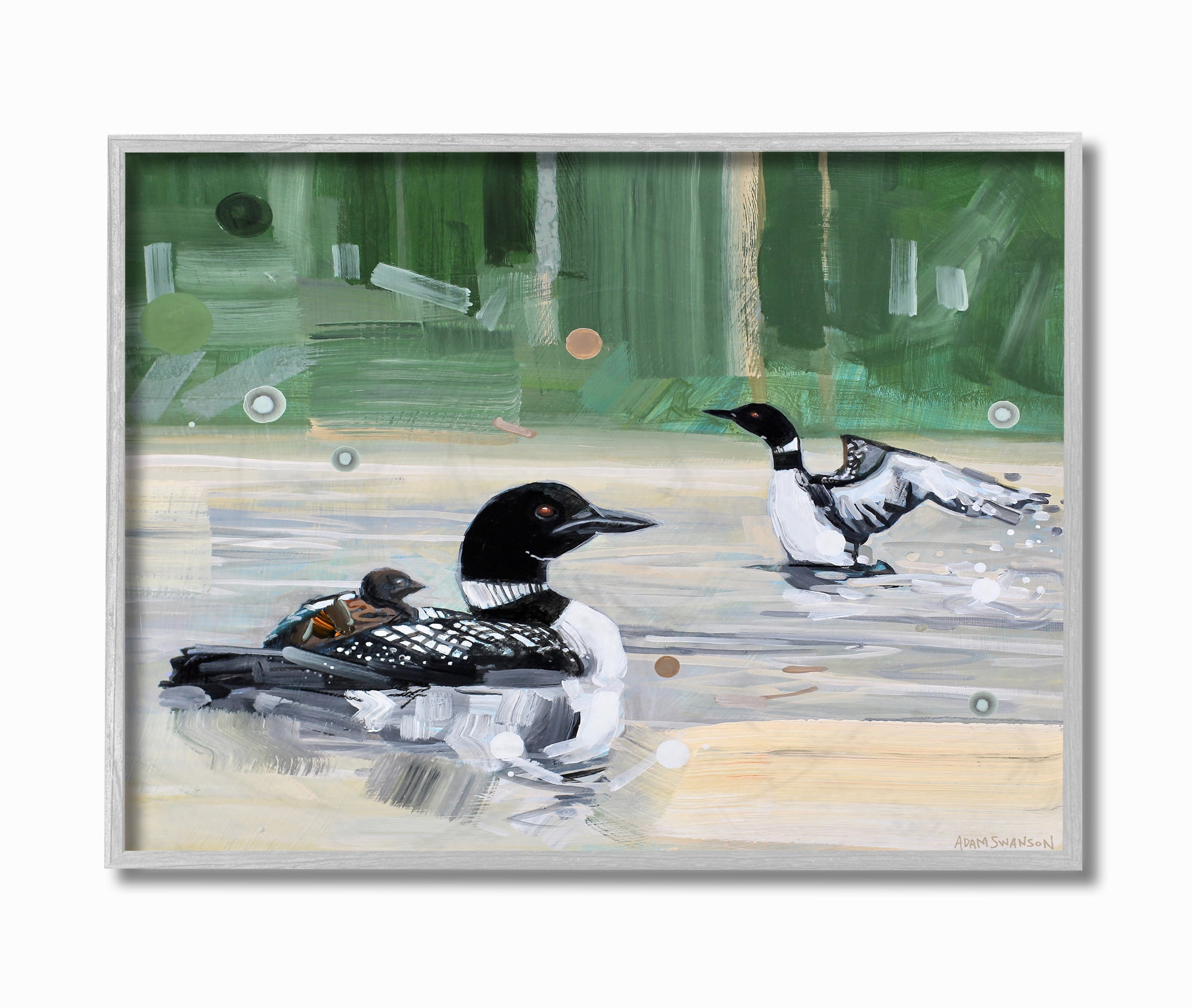 Stupell Industries Abstract Pond Ducks Green Yellow Animal Painting Framed Wall Art by Adam Swanson