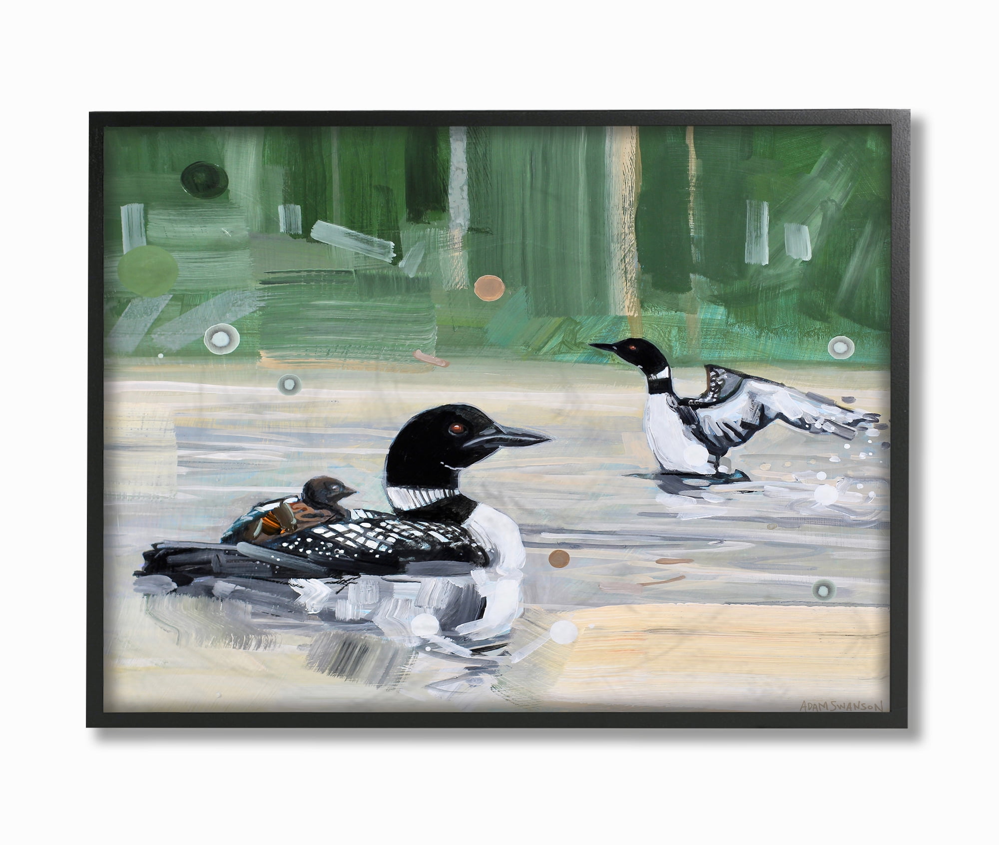 Stupell Industries Abstract Pond Ducks Green Yellow Animal Painting Framed Wall Art by Adam Swanson