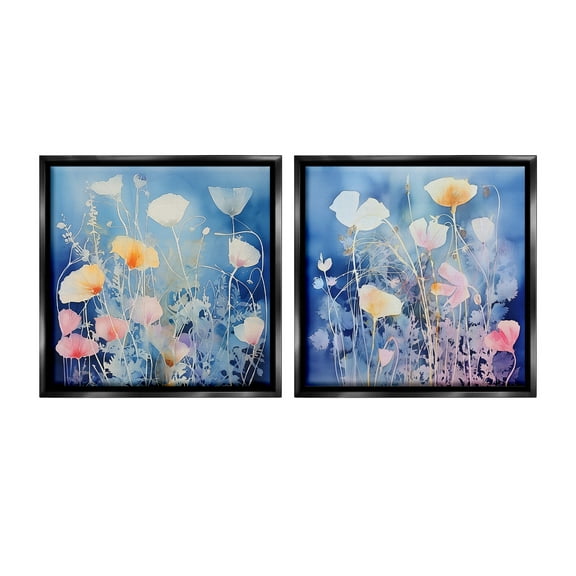 Stupell Industries Abstract Poppies on Blue Botanical & Floral Painting Black Floater Framed Canvas Art Print Wall Art, 18 x 18, Set of 2