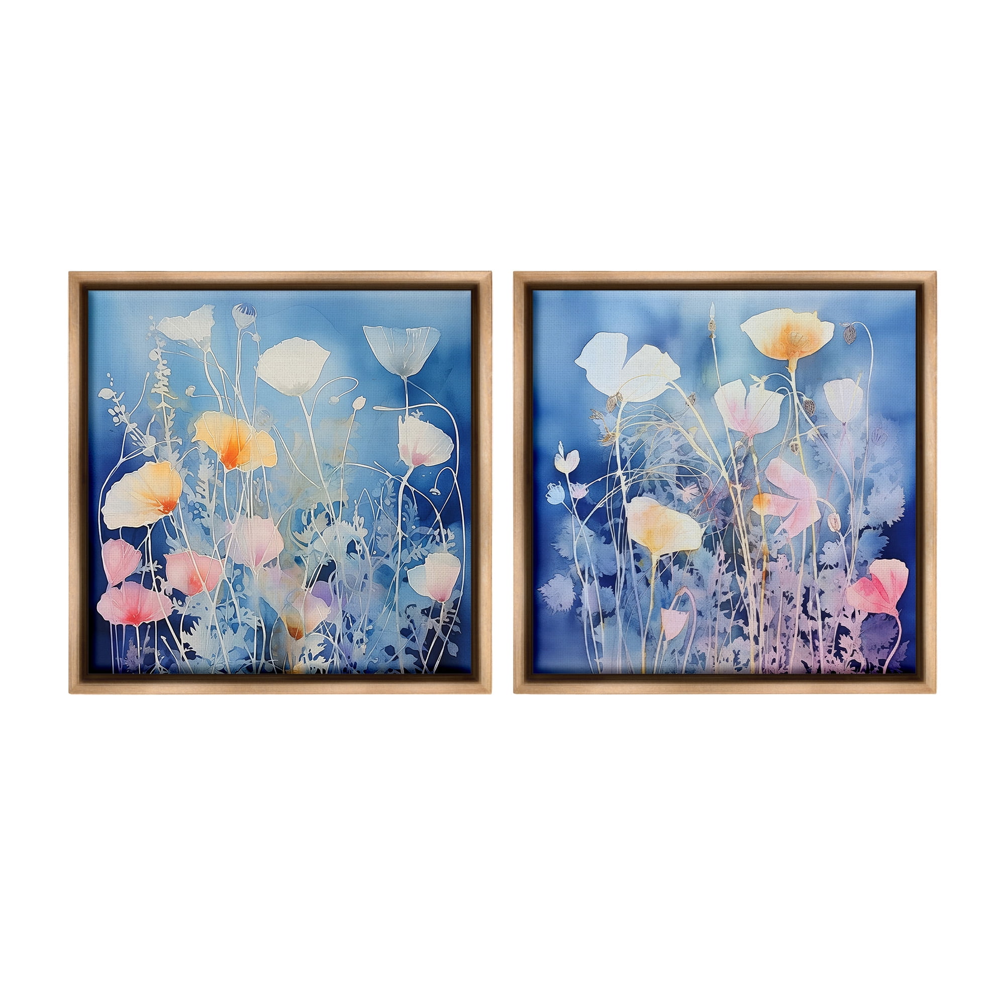 Stupell Industries Abstract Poppies on Blue Botanical & Floral Painting Brown Floater Framed Canvas Art Print Wall Art, 25 x 25, Set of 2