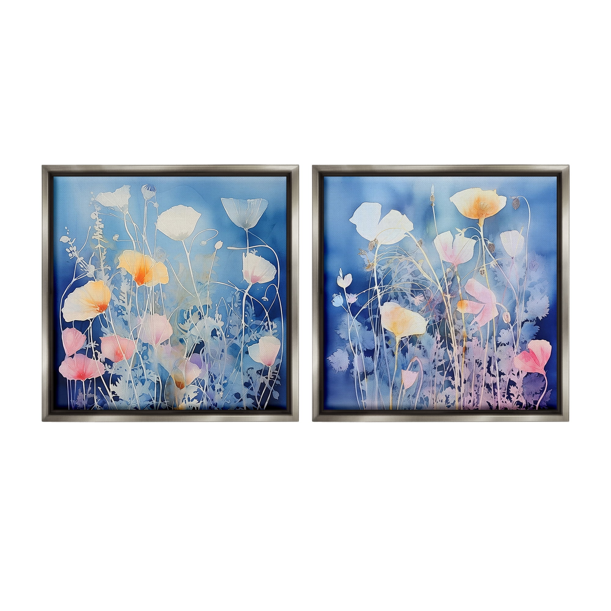 Stupell Industries Abstract Poppies on Blue Botanical & Floral Painting Gray Floater Framed Canvas Art Print Wall Art, 18 x 18, Set of 2