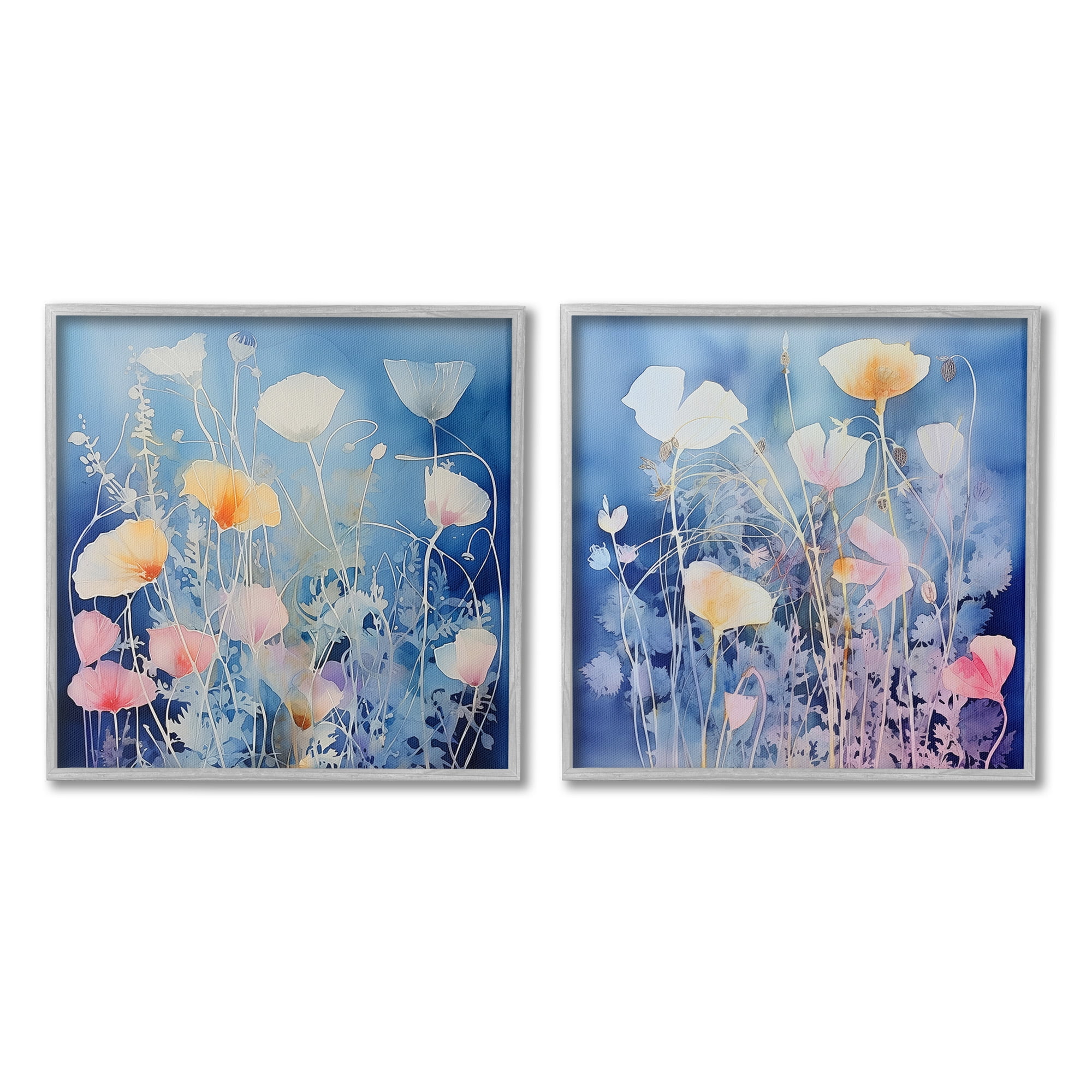 Stupell Industries Abstract Poppies on Blue Botanical & Floral Painting Gray Framed Art Print Wall Art, 17 x 17, Set of 2