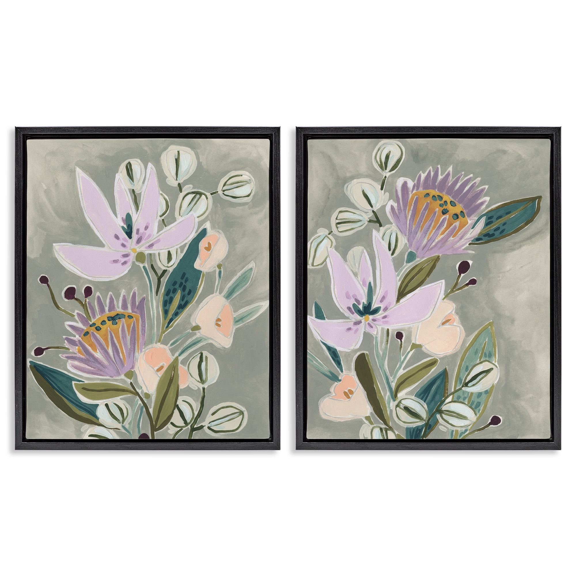 Stupell Industries Abstract Purple Floral Arrangement Botanical & Floral Painting Black Floater Framed Canvas Art Print Wall Art, 25 x 31, Set of 2