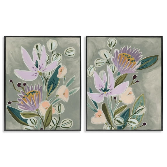 Stupell Industries Abstract Purple Floral Arrangement Botanical & Floral Painting Black Framed Art Print Wall Art, 24 x 30, Set of 2