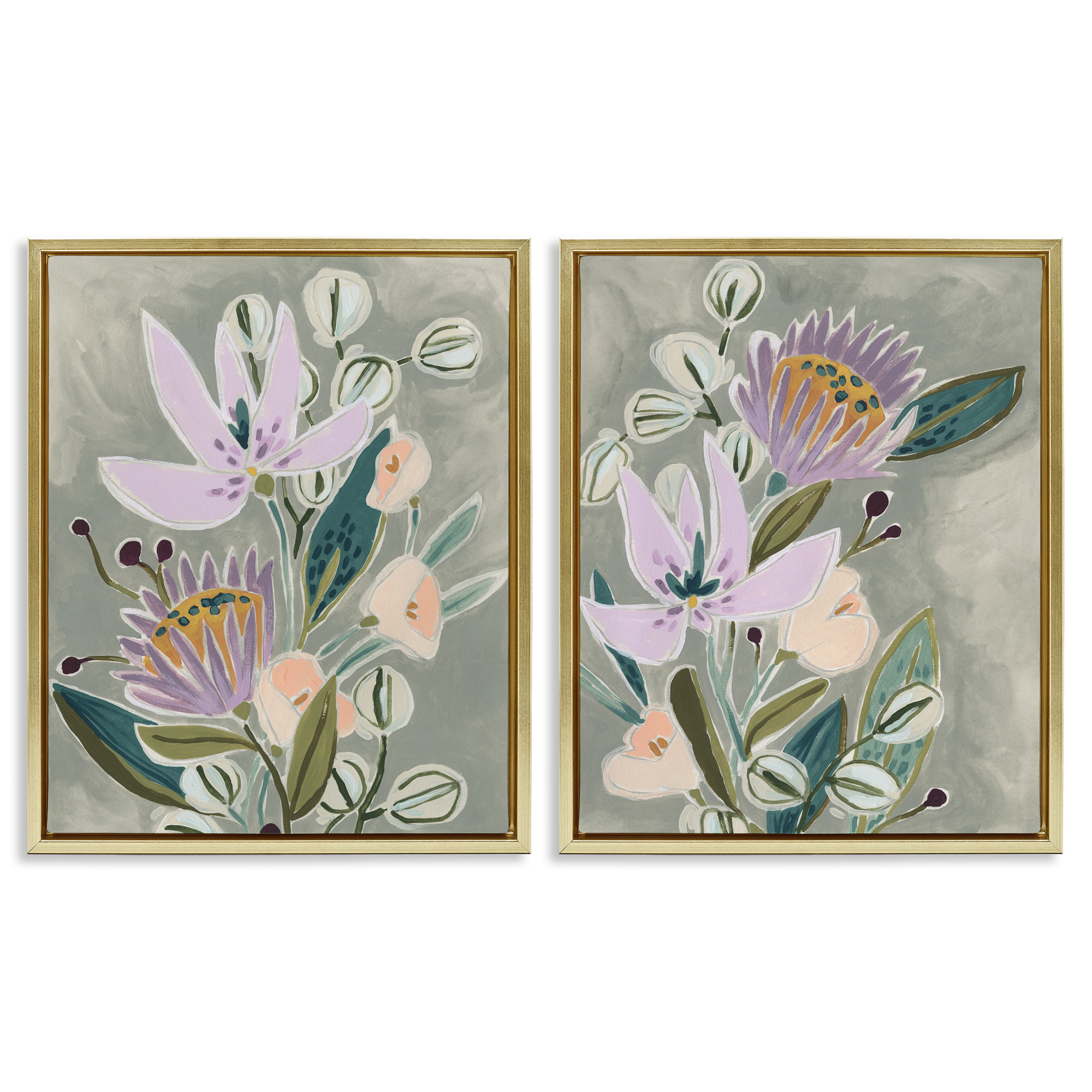 Stupell Industries Abstract Purple Floral Arrangement Botanical & Floral Painting Gold Floater Framed Canvas Art Print Wall Art, 17 x 21, Set of 2