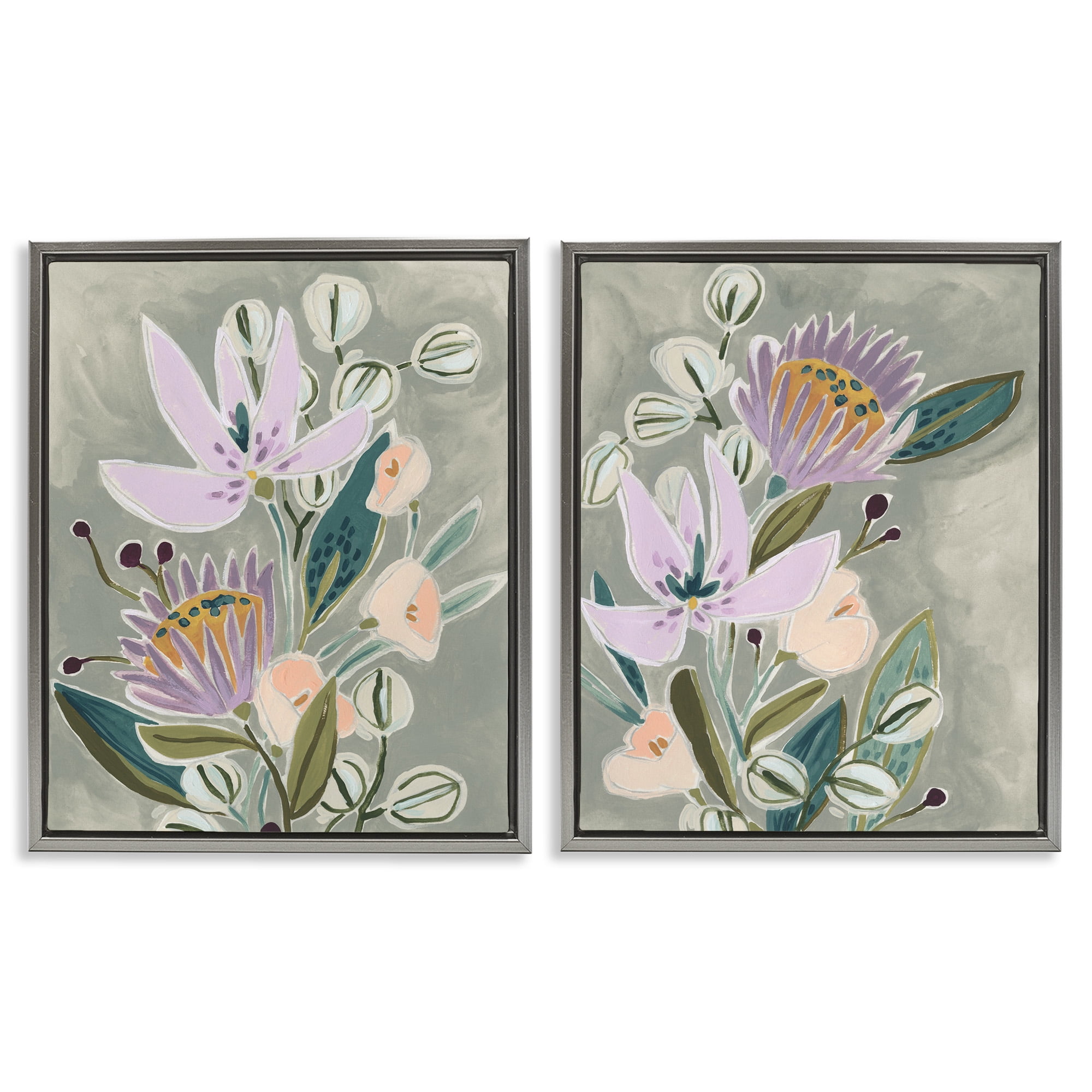 Stupell Industries Abstract Purple Floral Arrangement Botanical & Floral Painting Gray Floater Framed Canvas Art Print Wall Art, 17 x 21, Set of 2