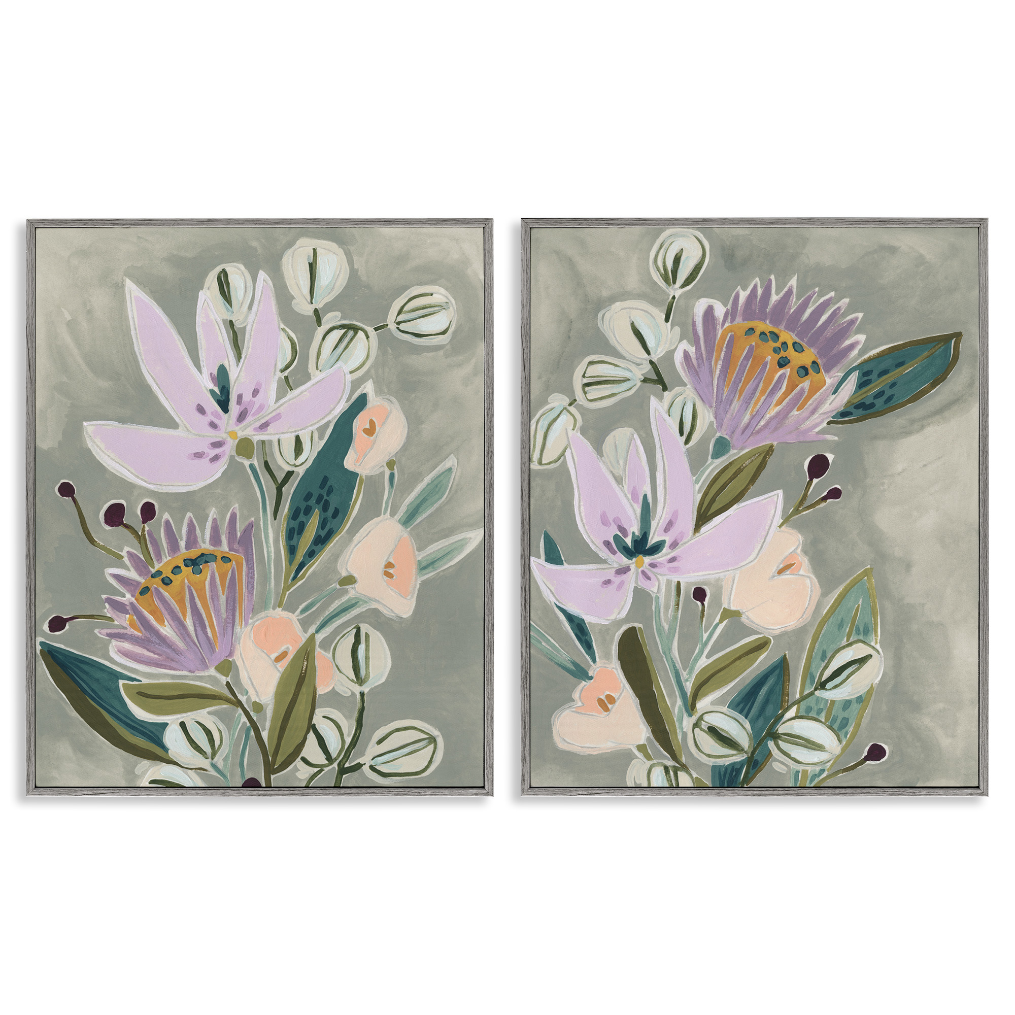 Stupell Industries Abstract Purple Floral Arrangement Botanical & Floral Painting Gray Framed Art Print Wall Art, 24 x 30, Set of 2