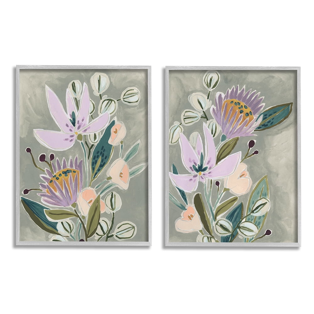 Abstract Purple Floral Arrangement on Canvas with Gray Frame