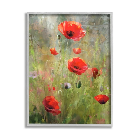 Stupell Industries Abstract Red Poppies Botanical & Floral Painting Gray Framed Art Print Wall Art, 16 x 20