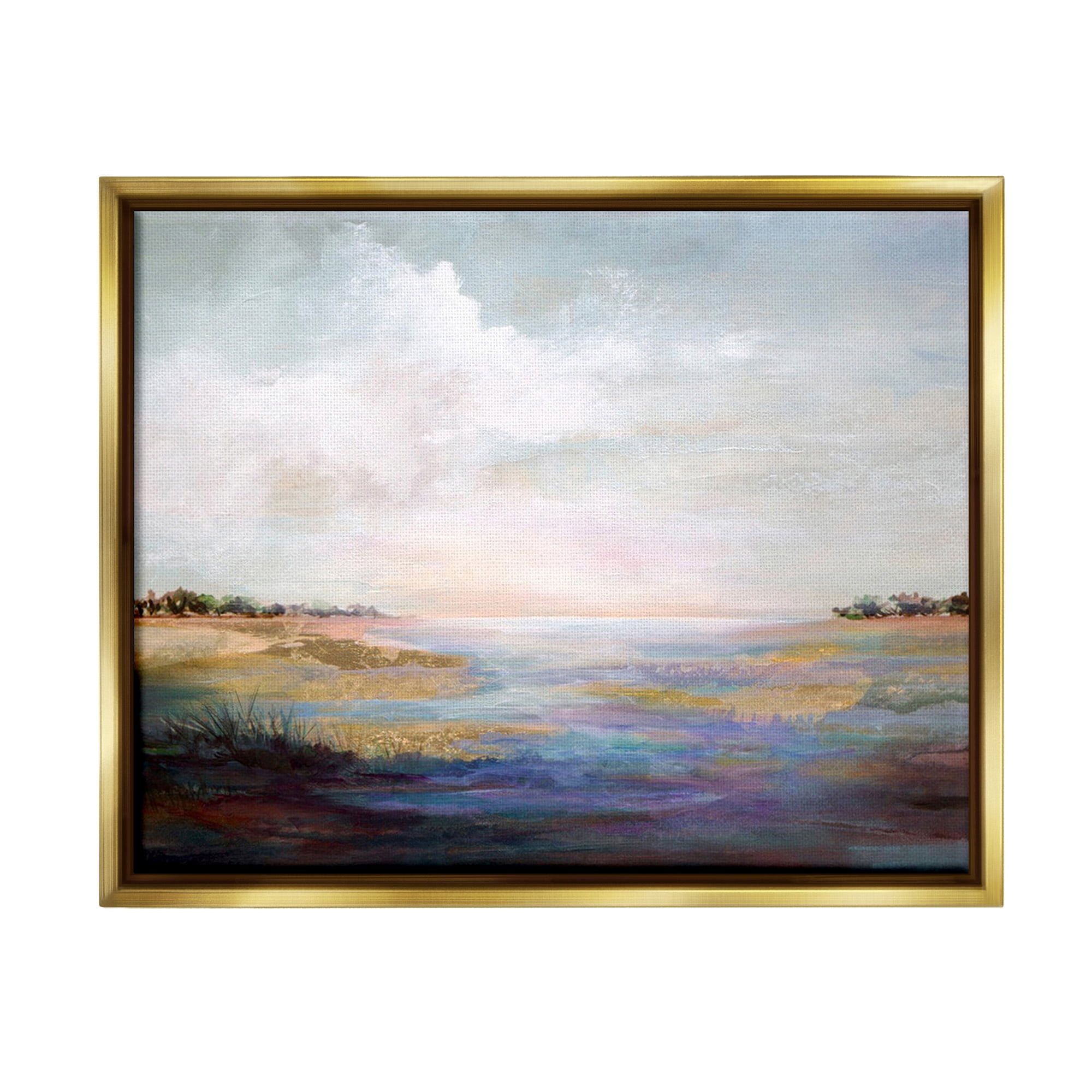 Stupell Industries Abstract River Landscape Landscape Painting Gold Floater Framed Canvas Art Print Wall Art, 21 x 17