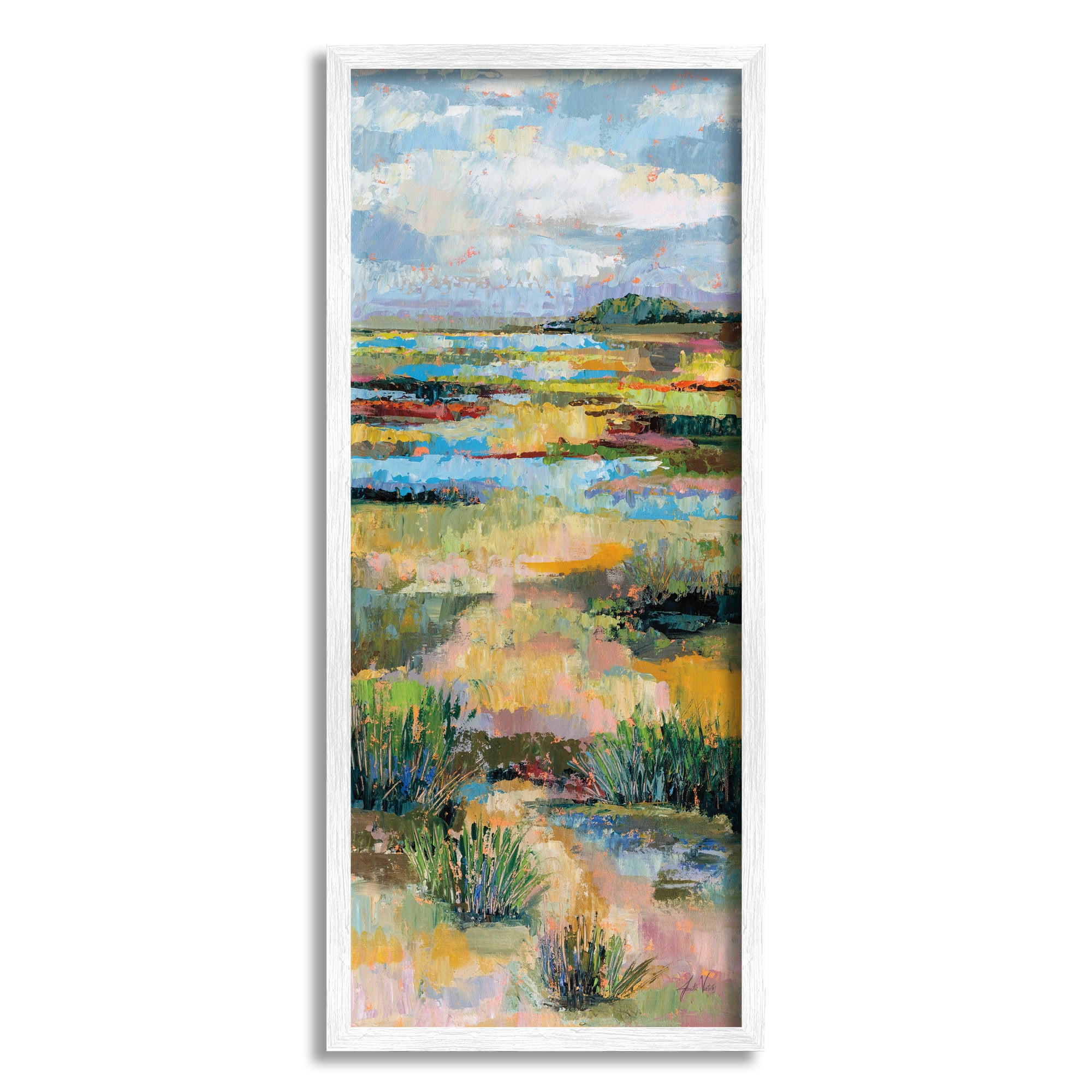 Stupell Industries Abstract River Landscape Landscape Painting White Framed Art Print Wall Art, 13 x 30