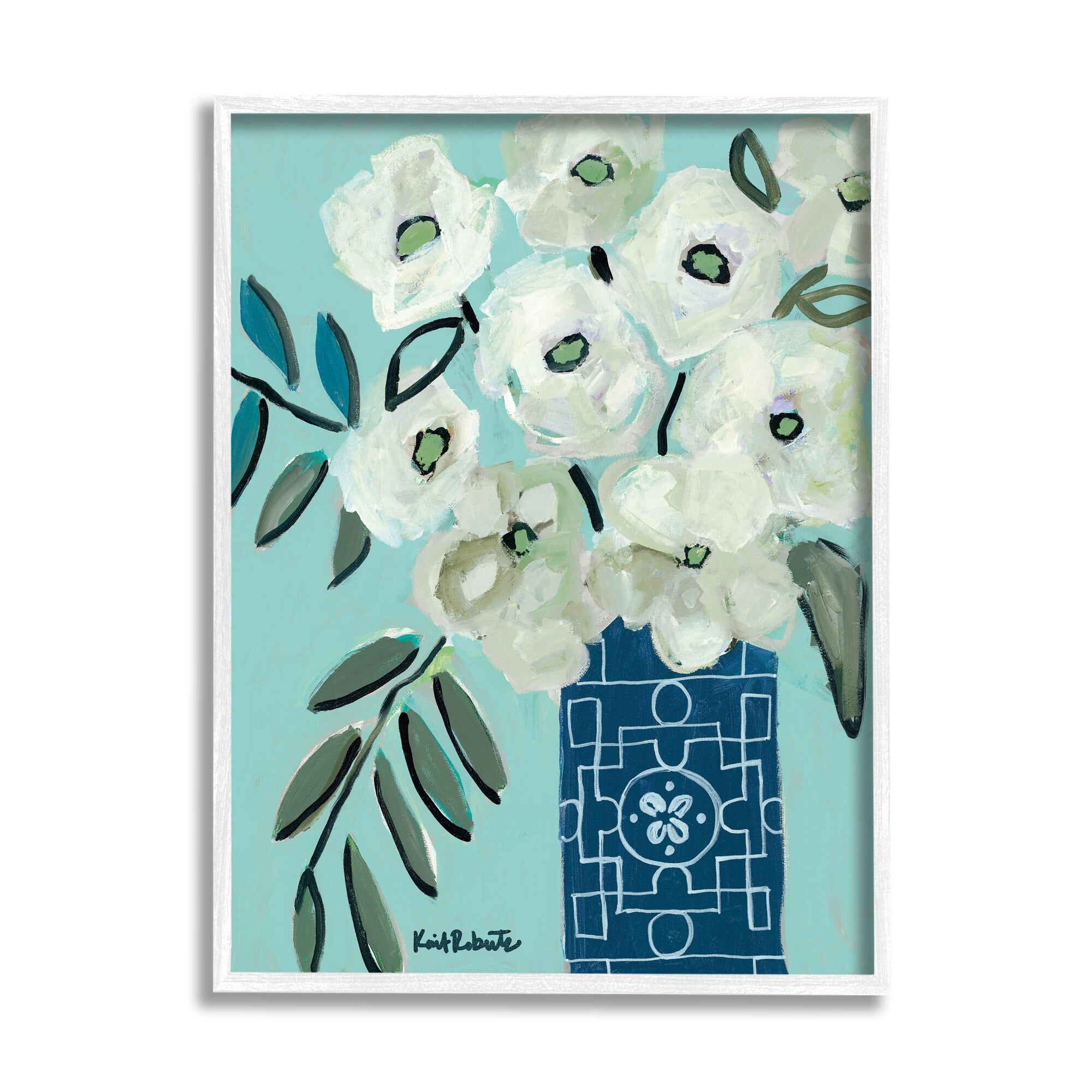 Stupell Industries Abstract Round Floral Blossoms White Poppies Geometric Vase,16 x 20, Design by Kait Roberts