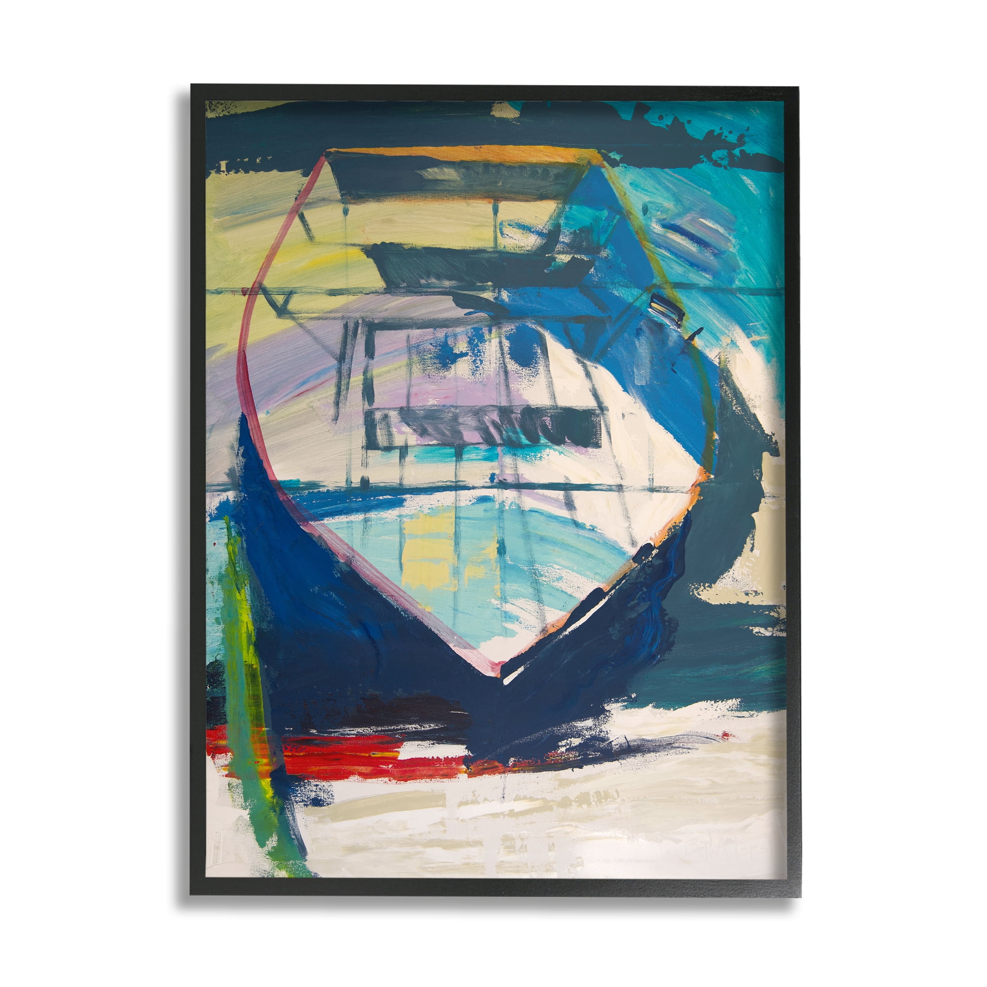 Stupell Industries Abstract Row Boat on Beach Coast Expressive Paint Abstract Painting Black Framed Art Print Wall Art, 11 x 14