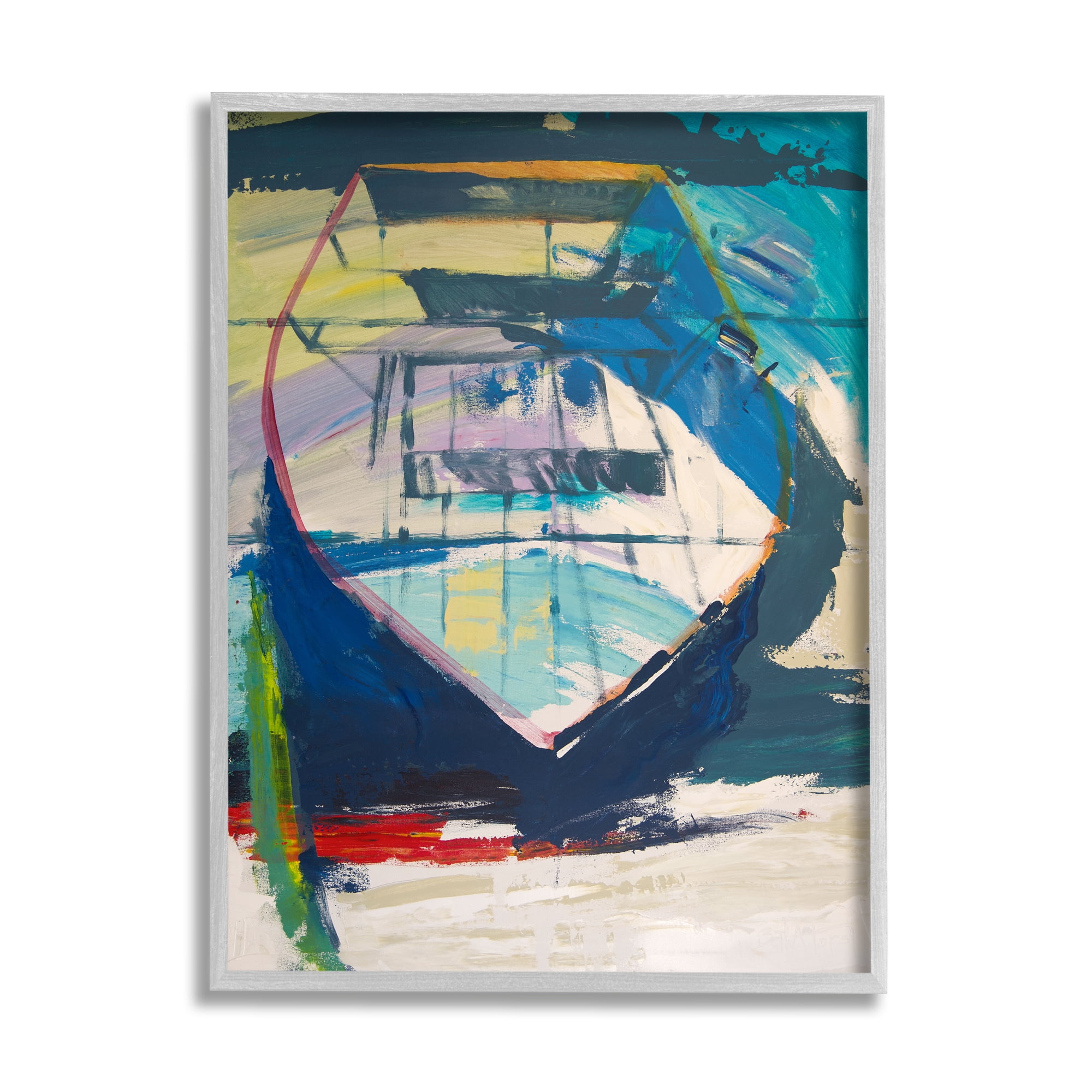Stupell Industries Abstract Row Boat on Beach Coast Expressive Paint Abstract Painting Gray Framed Art Print Wall Art, 11 x 14