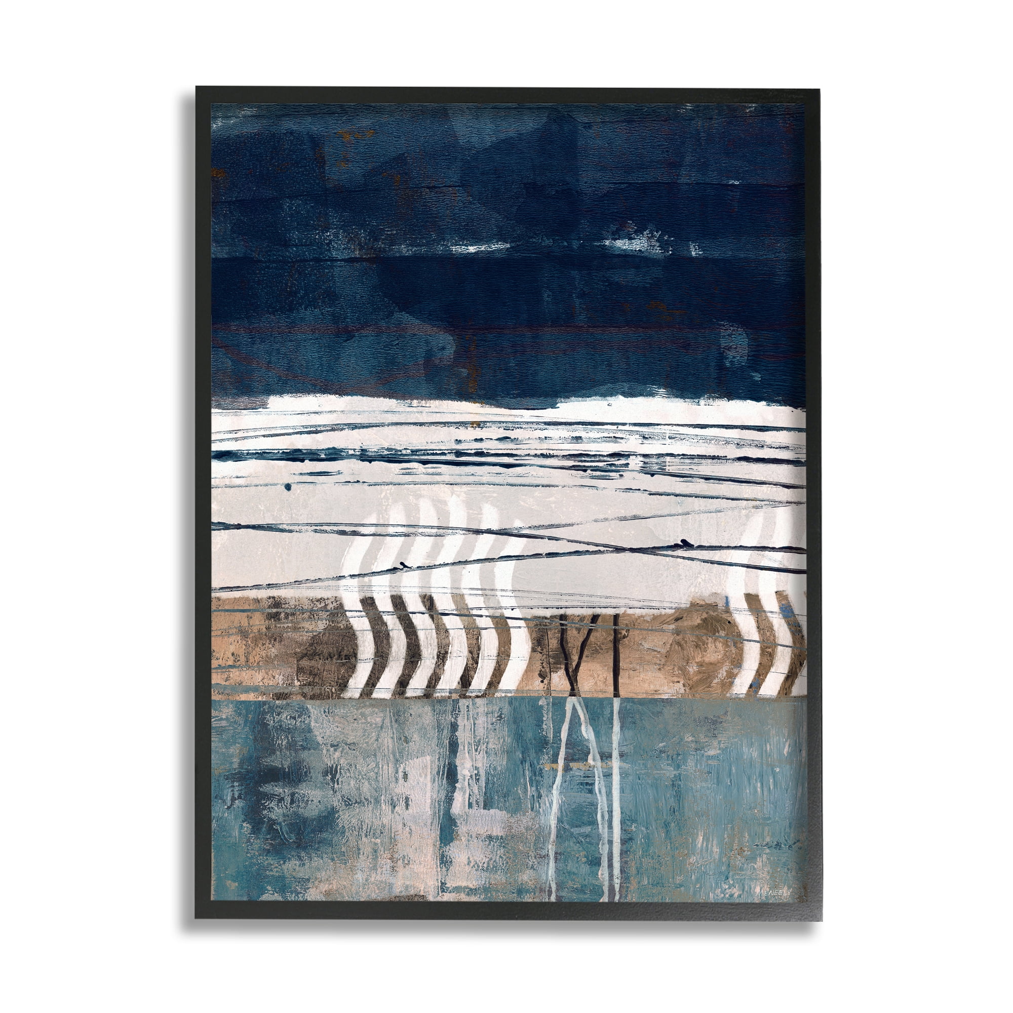 Stupell Industries Abstract Rustic Collage of Blue Shapes and Lines Abstract Painting Black Framed Art Print Wall Art, 24 x 30
