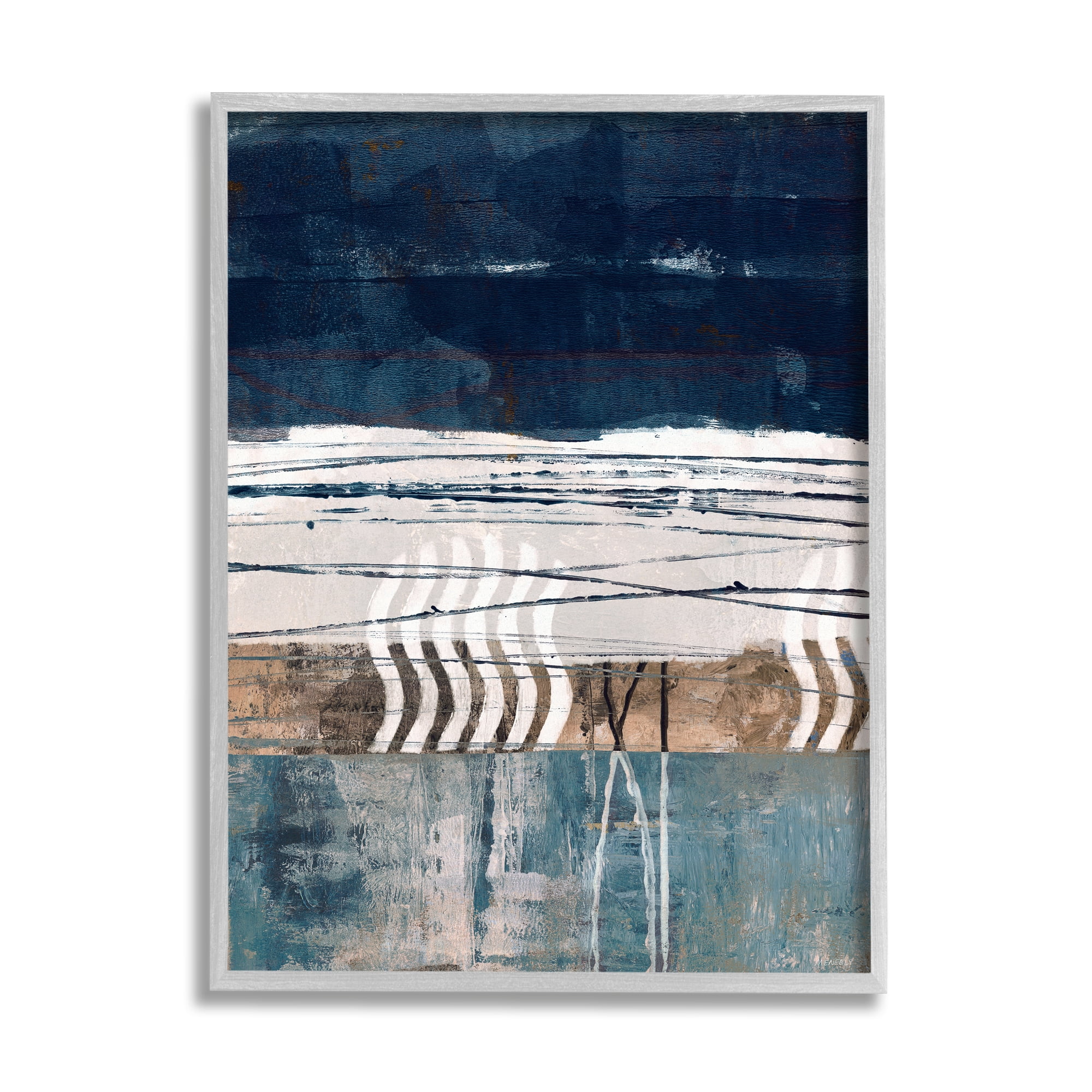 Stupell Industries Abstract Rustic Collage of Blue Shapes and Lines Abstract Painting Gray Framed Art Print Wall Art, 11 x 14