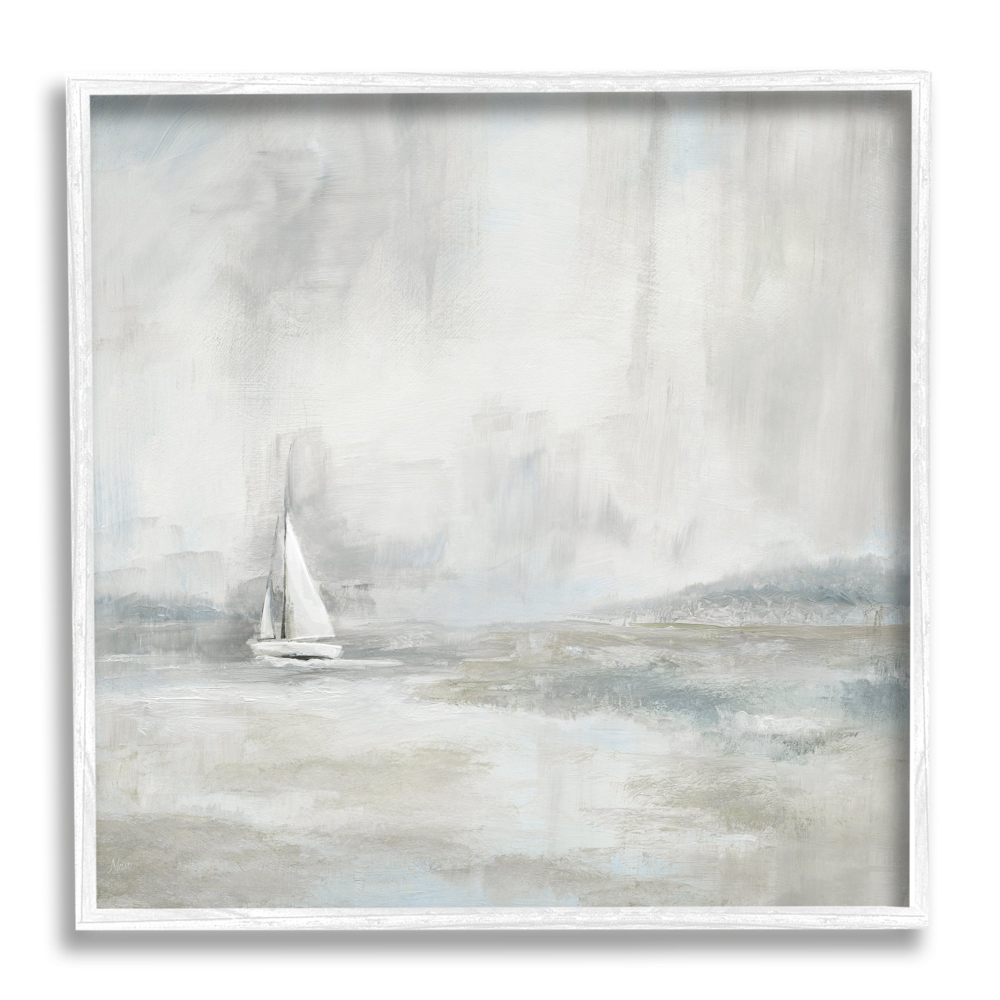Stupell Industries Abstract Sailboat Drifting Ocean Waves Beige Neutrals Framed Wall Art, 17 x 17, Design by Daniel Sproul