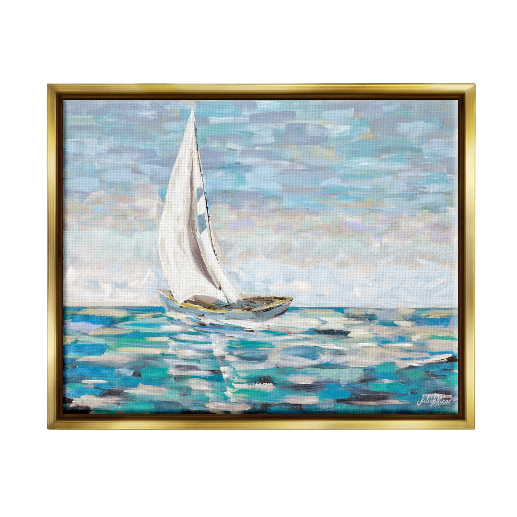 Stupell Industries Abstract Sailboat Painting Transportation Painting Gold Floater Framed Art Print Wall Art, 21 x 17