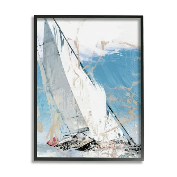 Stupell Industries Abstract Sailboat Waves Transportation Painting Black Framed Art Print Wall Art, 16 x 20