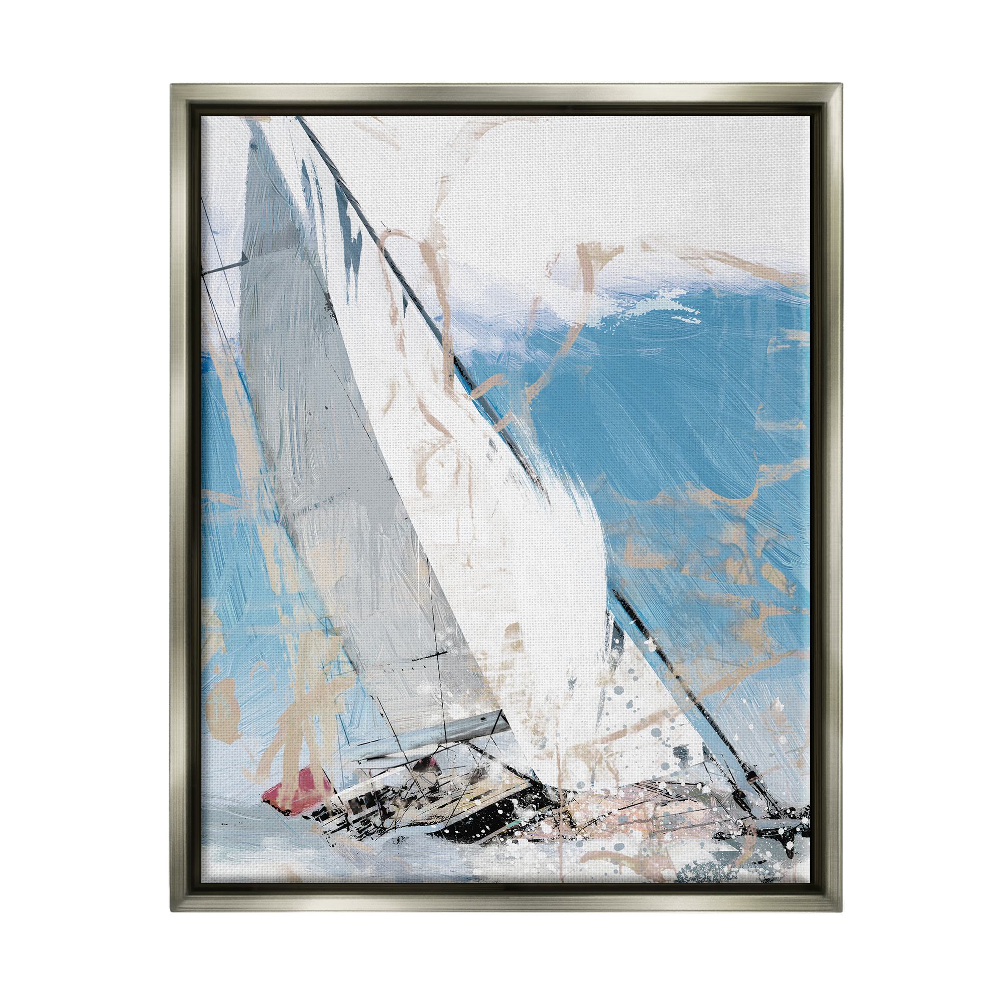 Stupell Industries Abstract Sailboat Waves Transportation Painting Gray Floater Framed Canvas Art Print Wall Art, 17 x 21