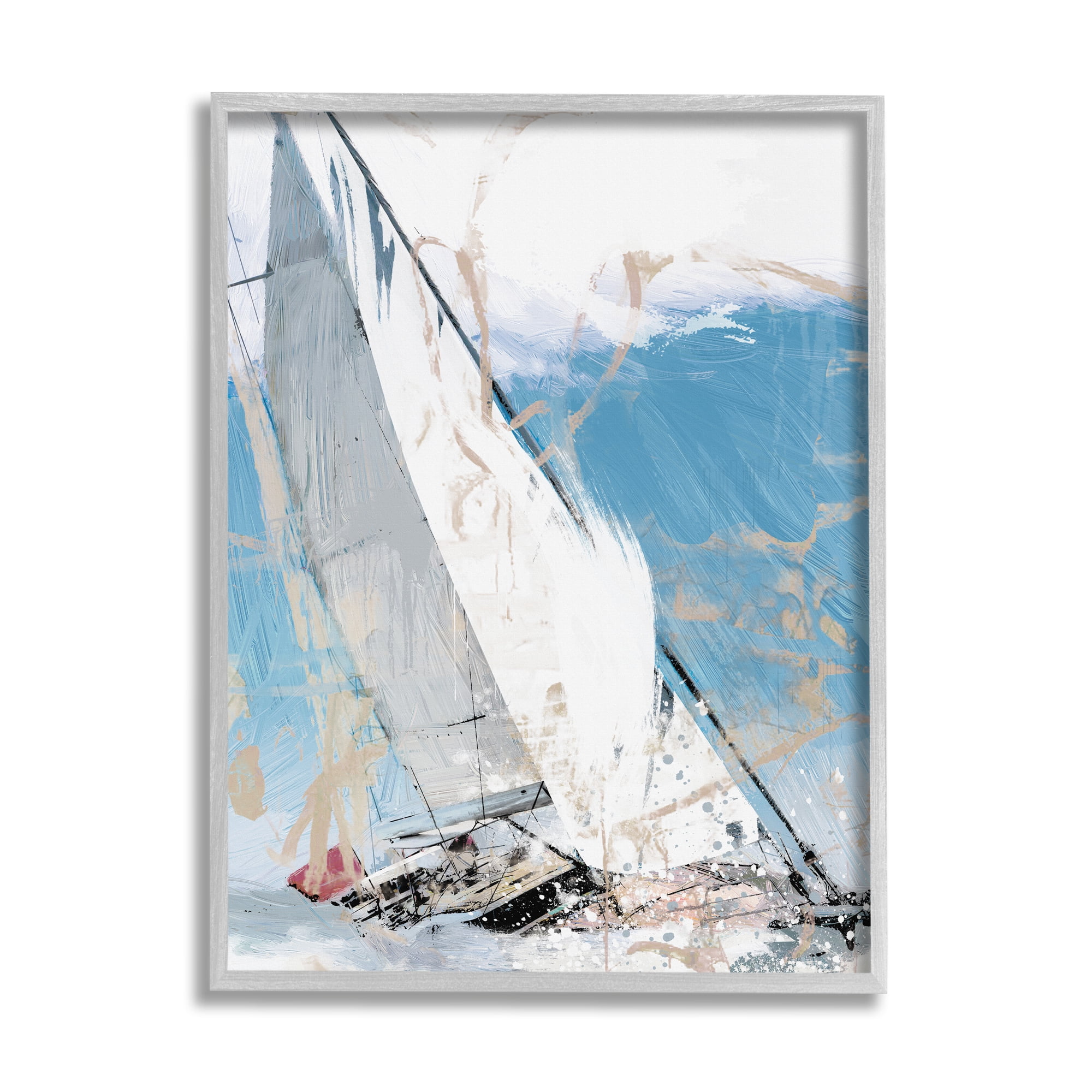 Stupell Industries Abstract Sailboat Waves Transportation Painting Gray Framed Art Print Wall Art, 16 x 20