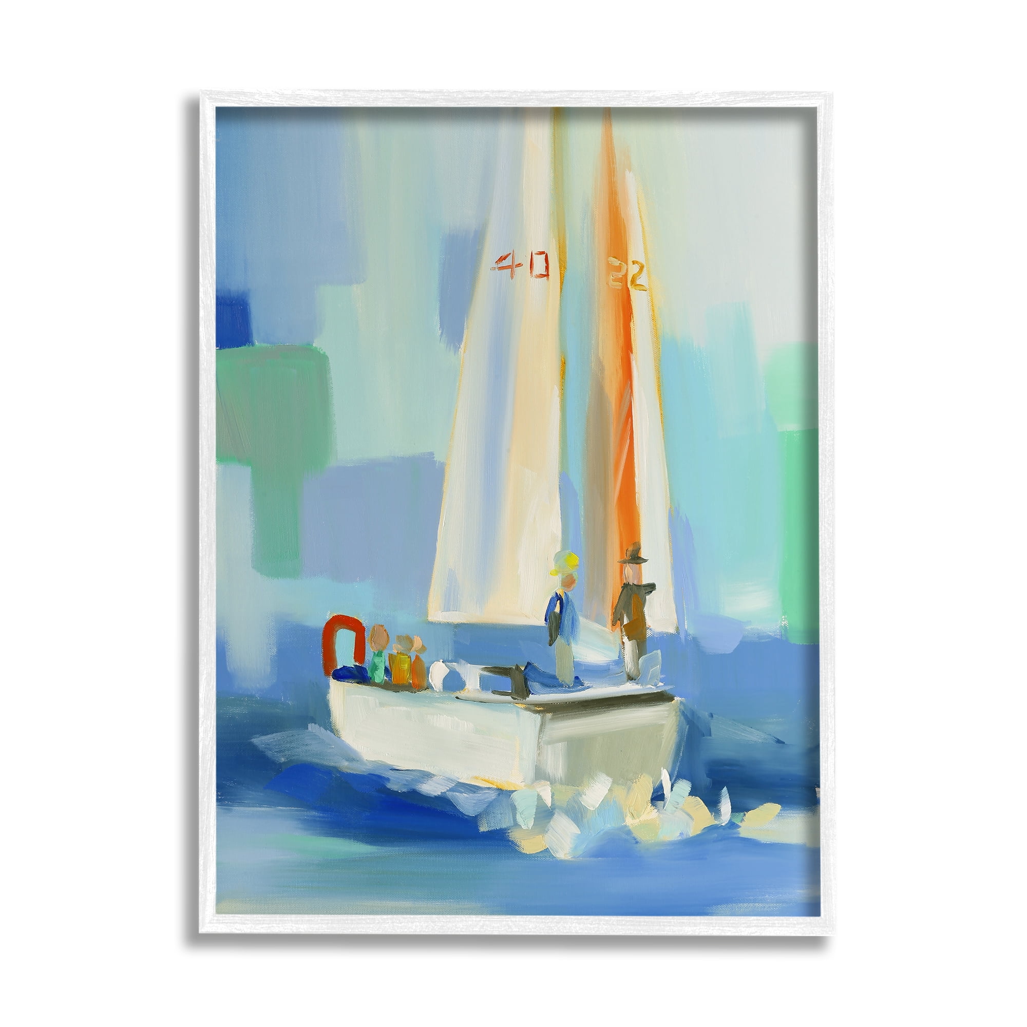 Stupell Industries Abstract Sailboat Waves Transportation Painting White Framed Art Print Wall Art, 16 x 20