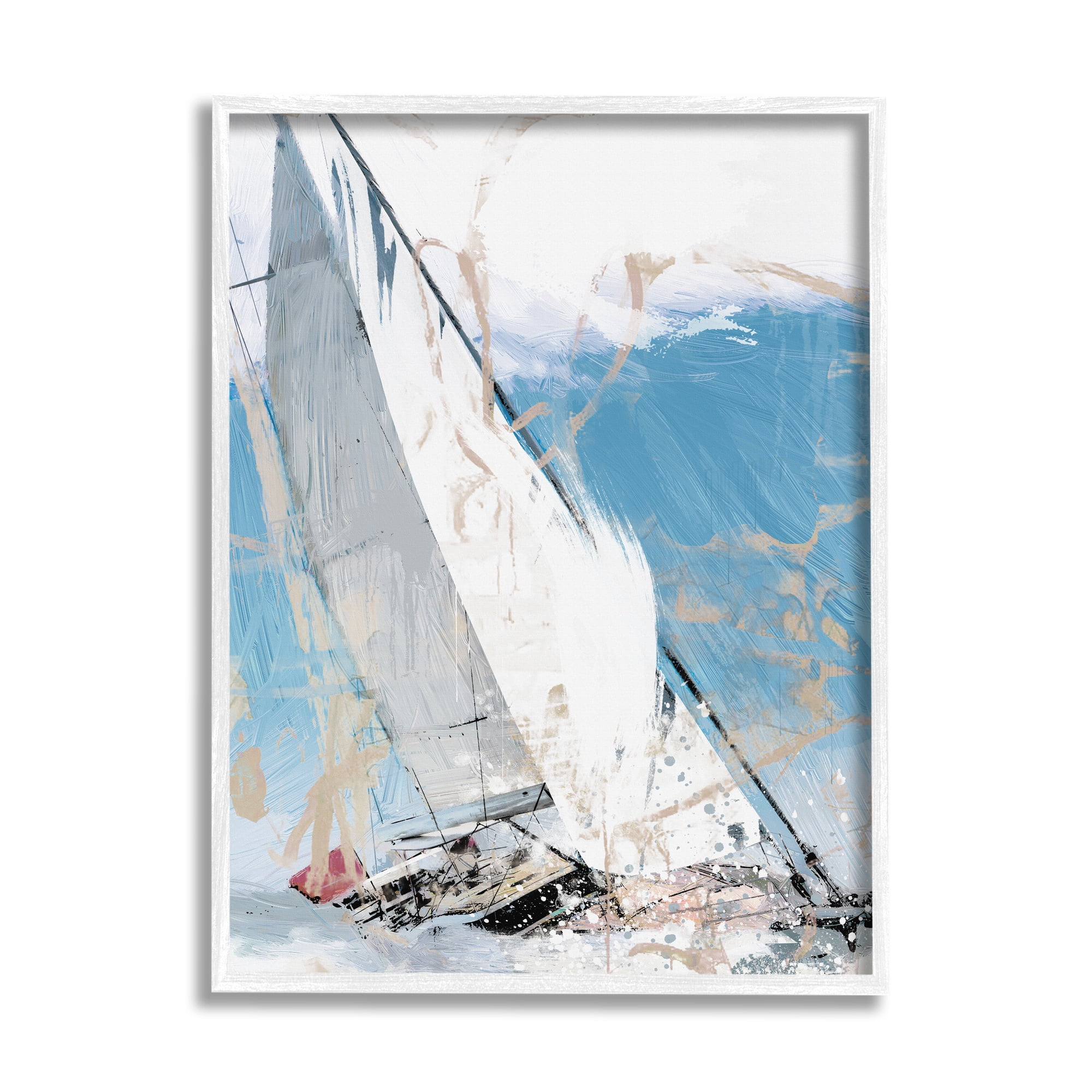 Stupell Industries Abstract Sailboat Waves Transportation Painting White Framed Art Print Wall Art, 24 x 30