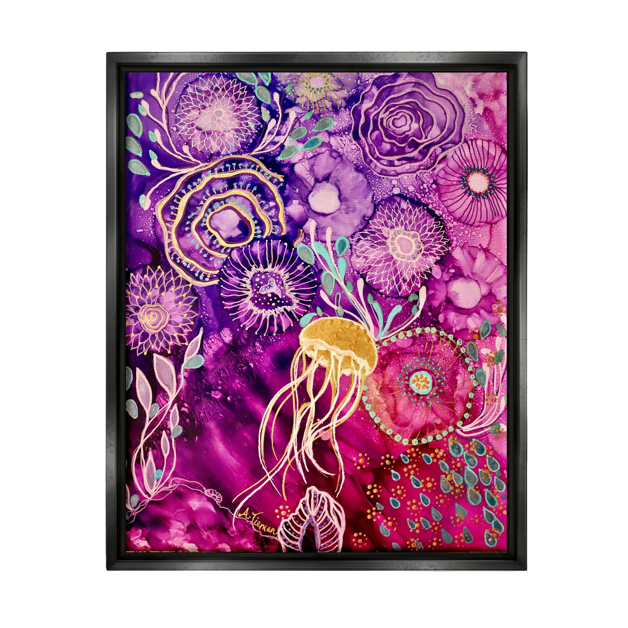 Stupell Industries Abstract Sea Life Patterns Abstract Painting Black Floater Framed Canvas Art Print Wall Art, 25 x 31