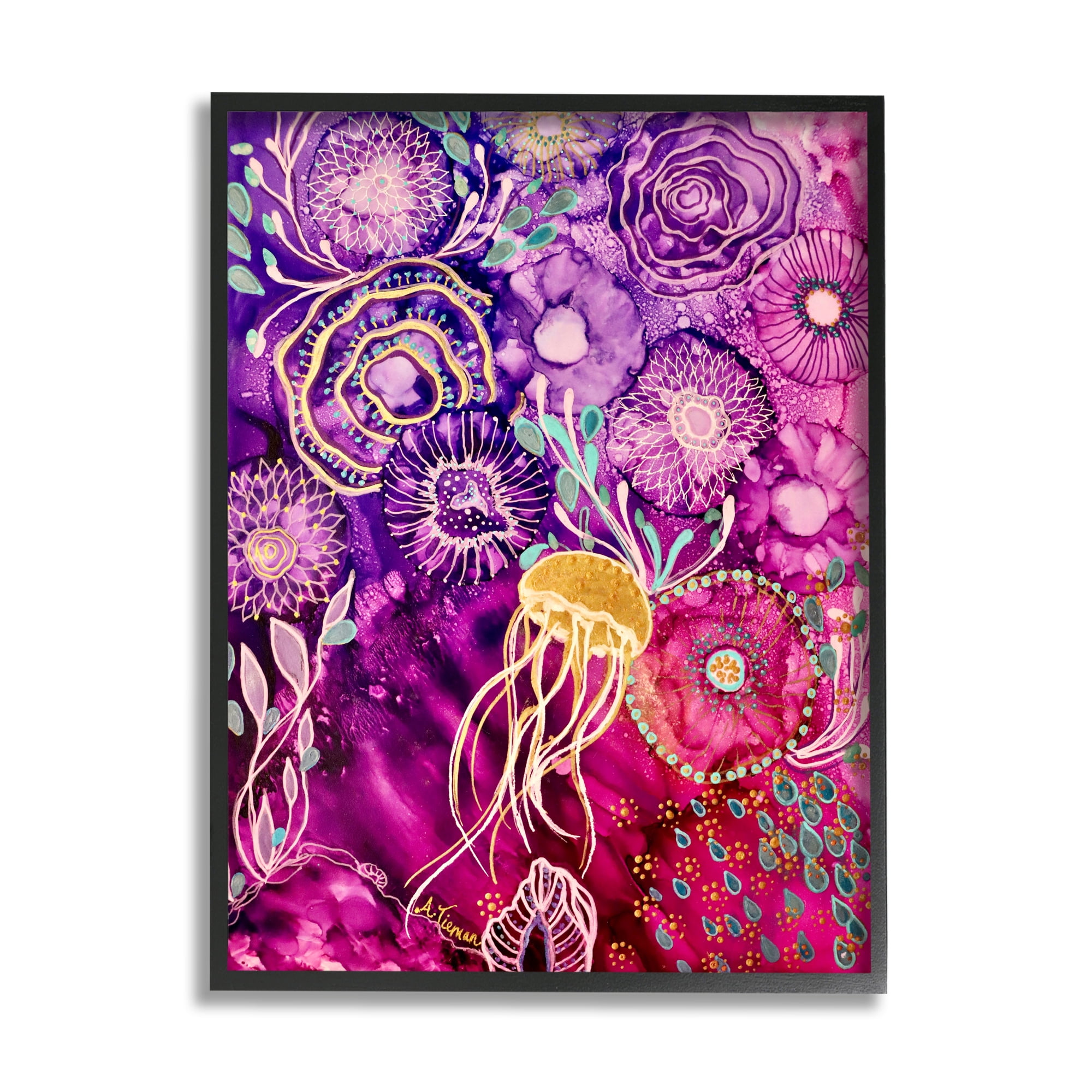 Stupell Industries Abstract Sea Life Patterns Abstract Painting Black Framed Art Print Wall Art, 11 x 14