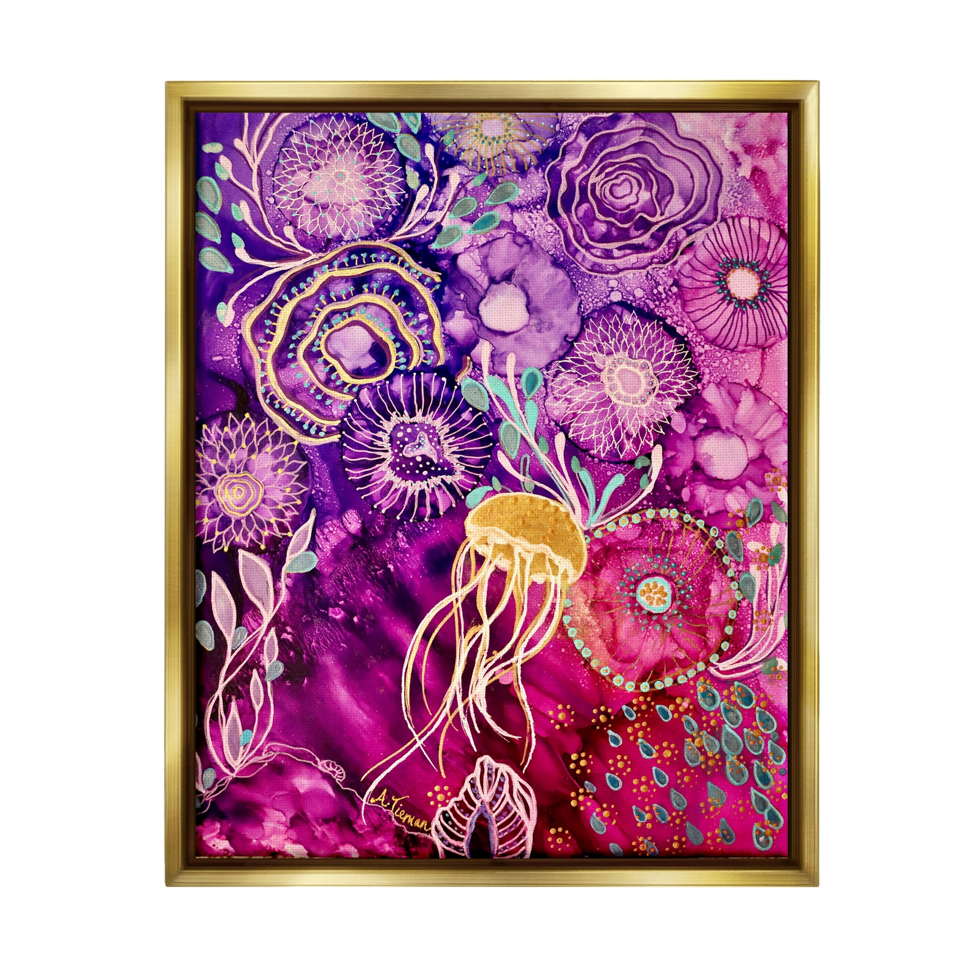 Stupell Industries Abstract Sea Life Patterns Abstract Painting Gold Floater Framed Canvas Art Print Wall Art, 17 x 21