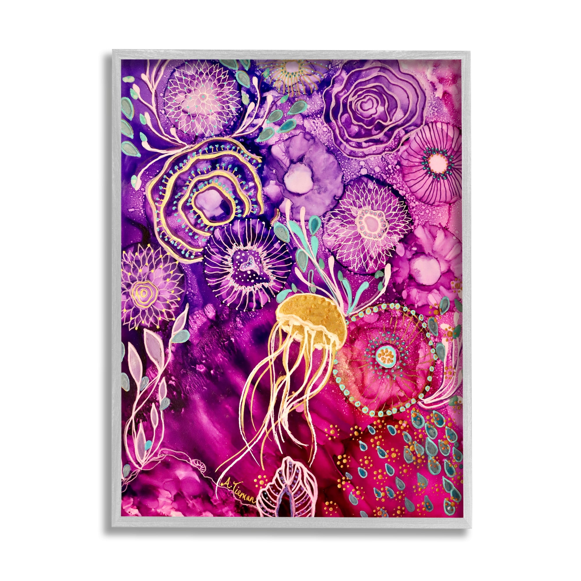 Stupell Industries Abstract Sea Life Patterns Abstract Painting Gray Framed Art Print Wall Art, 16 x 20