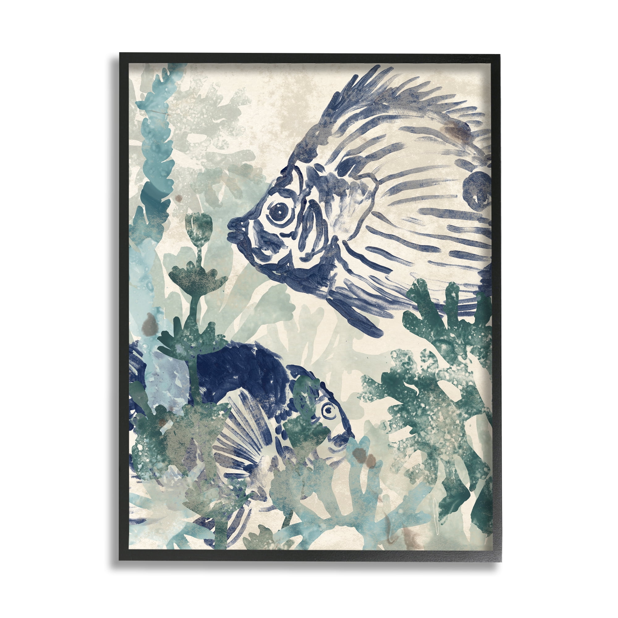 Stupell Industries Abstract Seafloor Fresco Tropical Blue Fish Distressed Coral, 16 x 20, Design by June Erica Vess