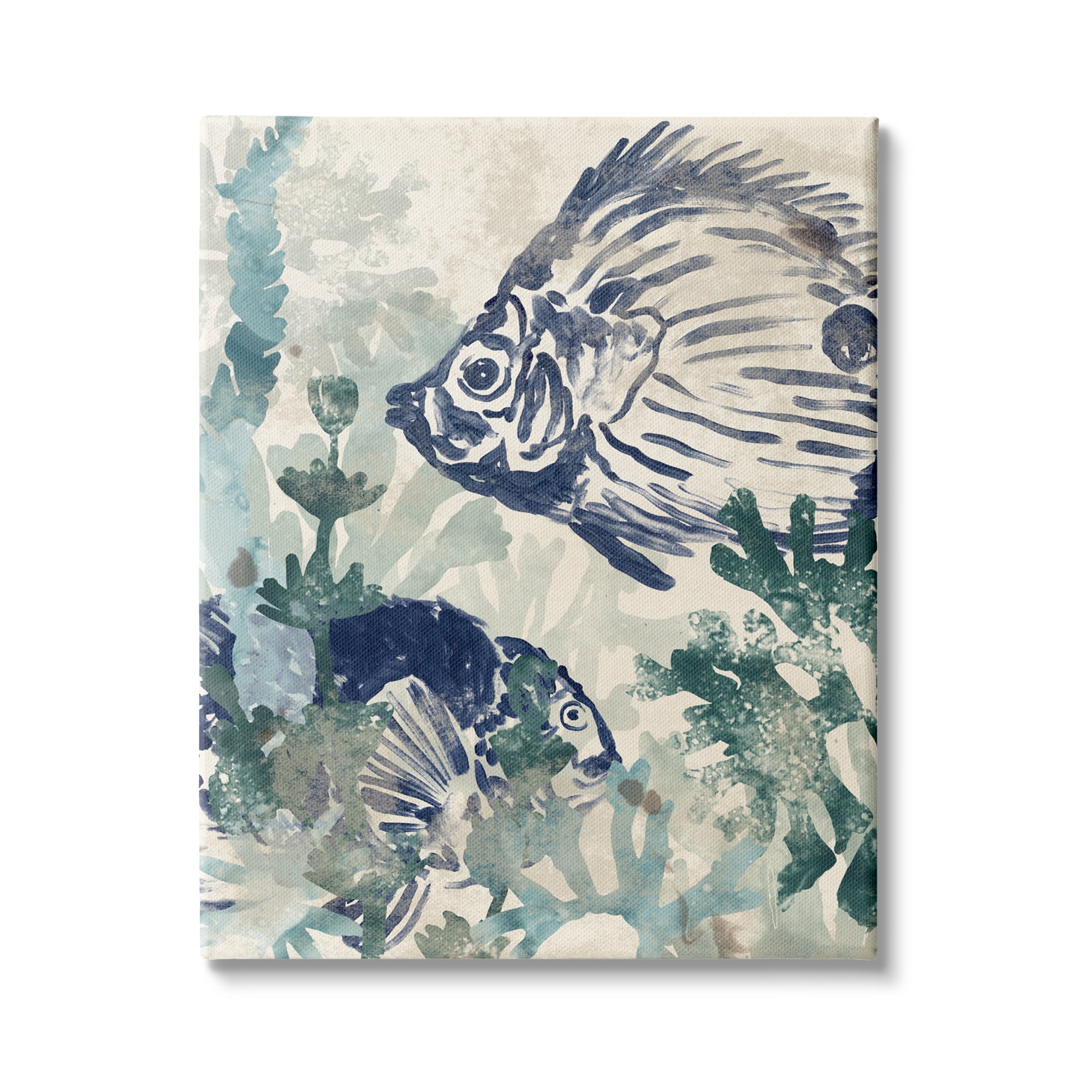 Stupell Industries Abstract Seafloor Fresco Tropical Blue Fish Distressed Coral, 24 x 30, Design by June Erica Vess
