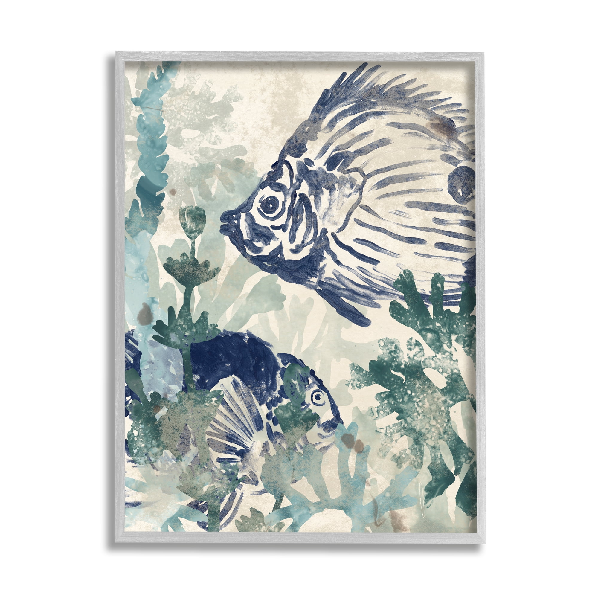 Abstract Blue and Green Fish Canvas Print with Gray Frame, 24 x 30