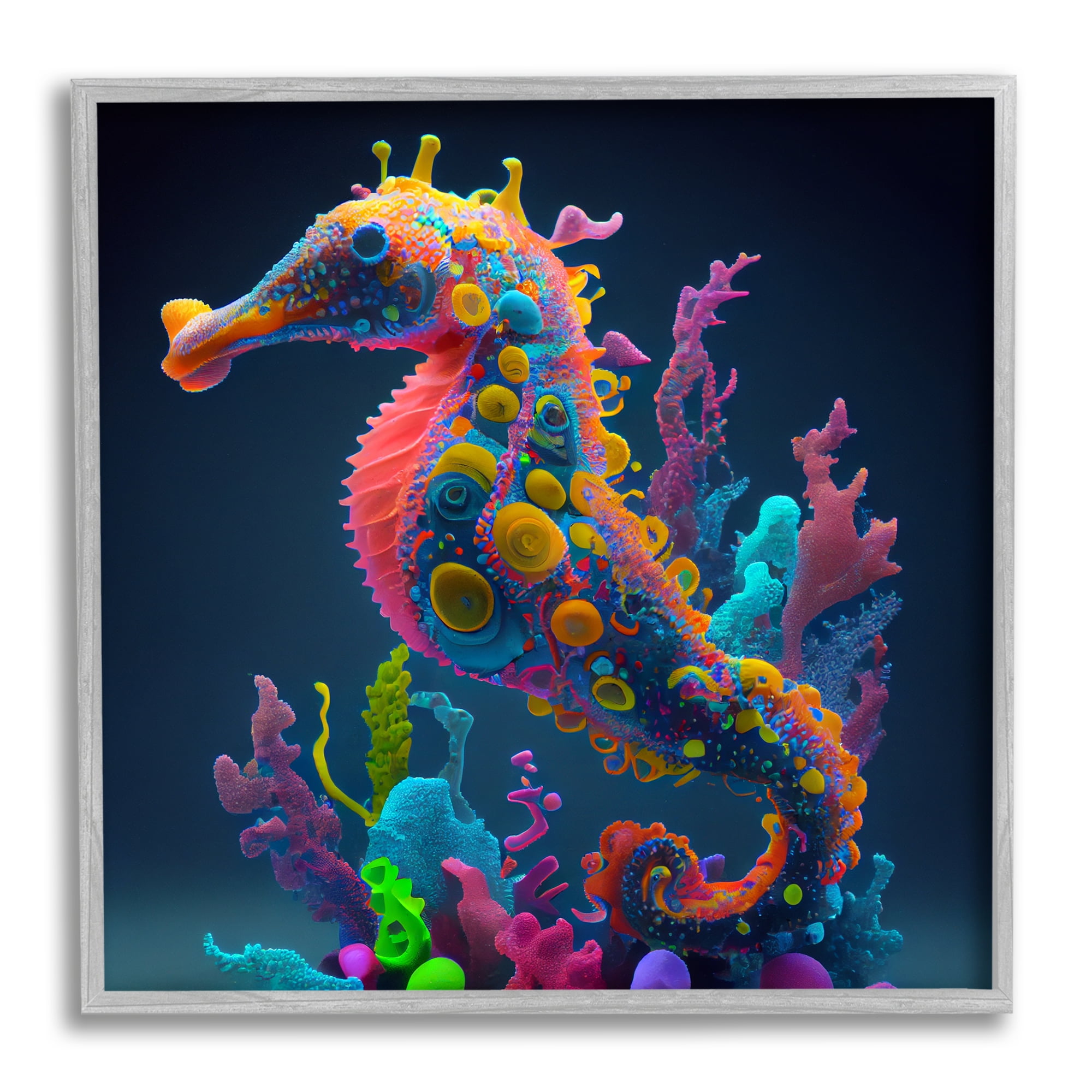 Stupell Industries Abstract Seahorse Vivid Hues Coastal Painting Gray Framed Art Print Wall Art