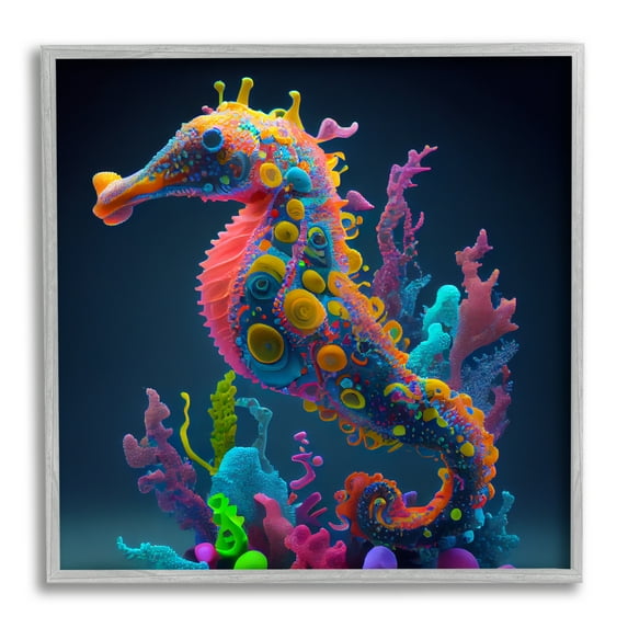 Stupell Industries Abstract Seahorse Vivid Hues Coastal Painting Gray Framed Art Print Wall Art