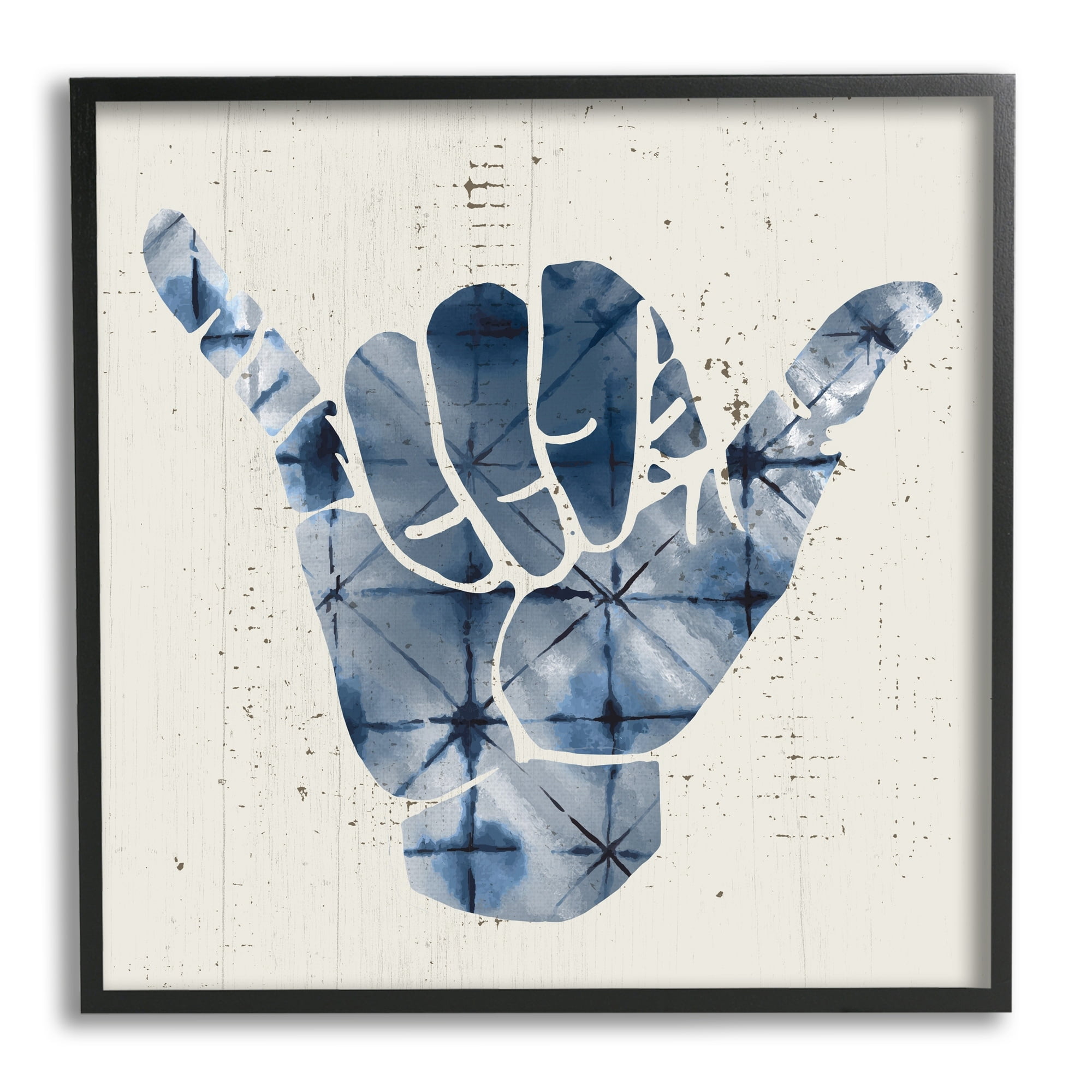 Stupell Industries Abstract Shaka Sign Hand Gesture Blue Geometric Pattern Graphic Art Black Framed Art Print Wall Art, 17x30, by Daphne Polselli
