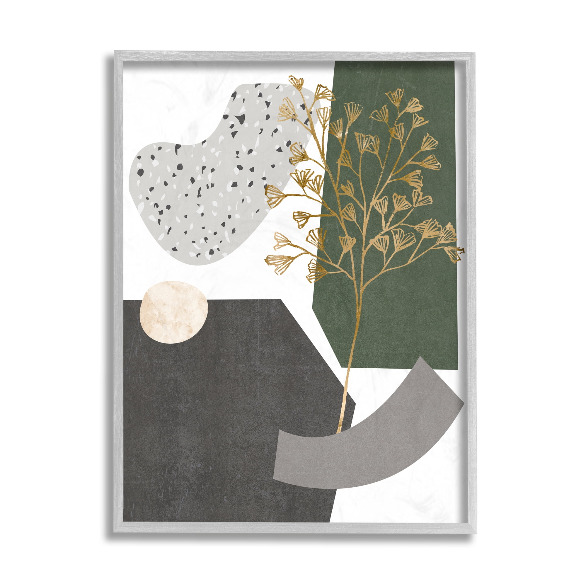 Stupell Industries Abstract Shapes with Golden Floral Detail Gray Framed by Melissa Wang