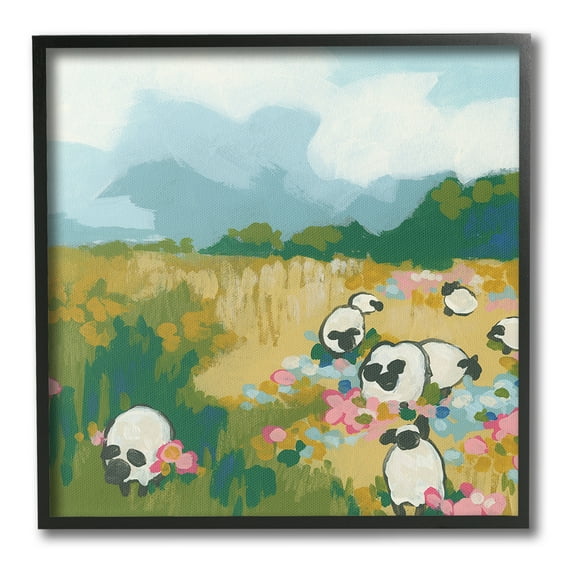 Stupell Industries Abstract Sheep & Flowers Landscape Painting Black Framed Art Print Wall Art, 12 x 12