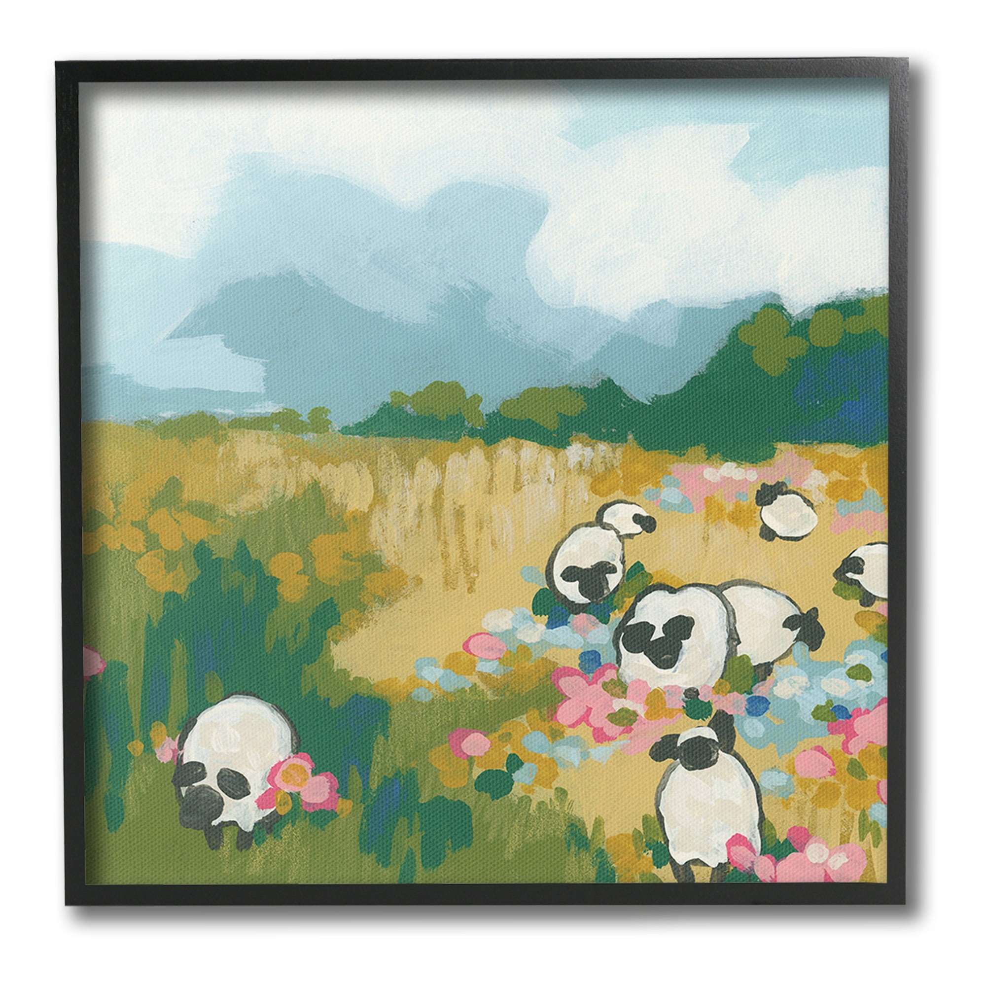 Stupell Industries Abstract Sheep & Flowers Landscape Painting Black Framed Art Print Wall Art, 17 x 17