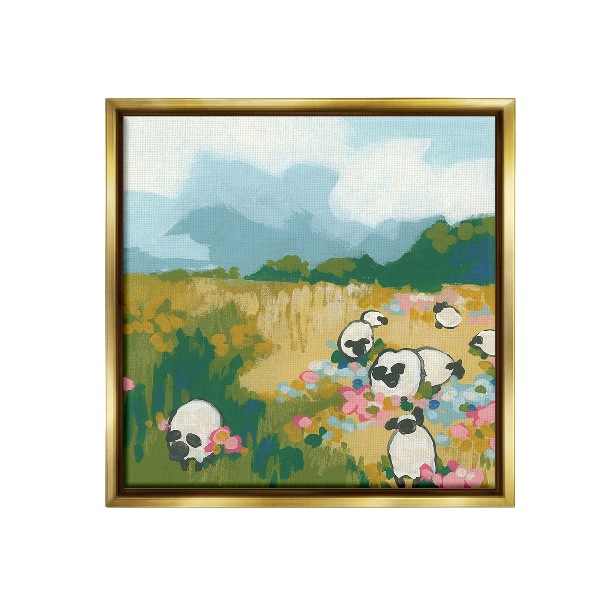 Stupell Industries Abstract Sheep & Flowers Landscape Painting Gold Floater Framed Canvas Art Print Wall Art, 18 x 18