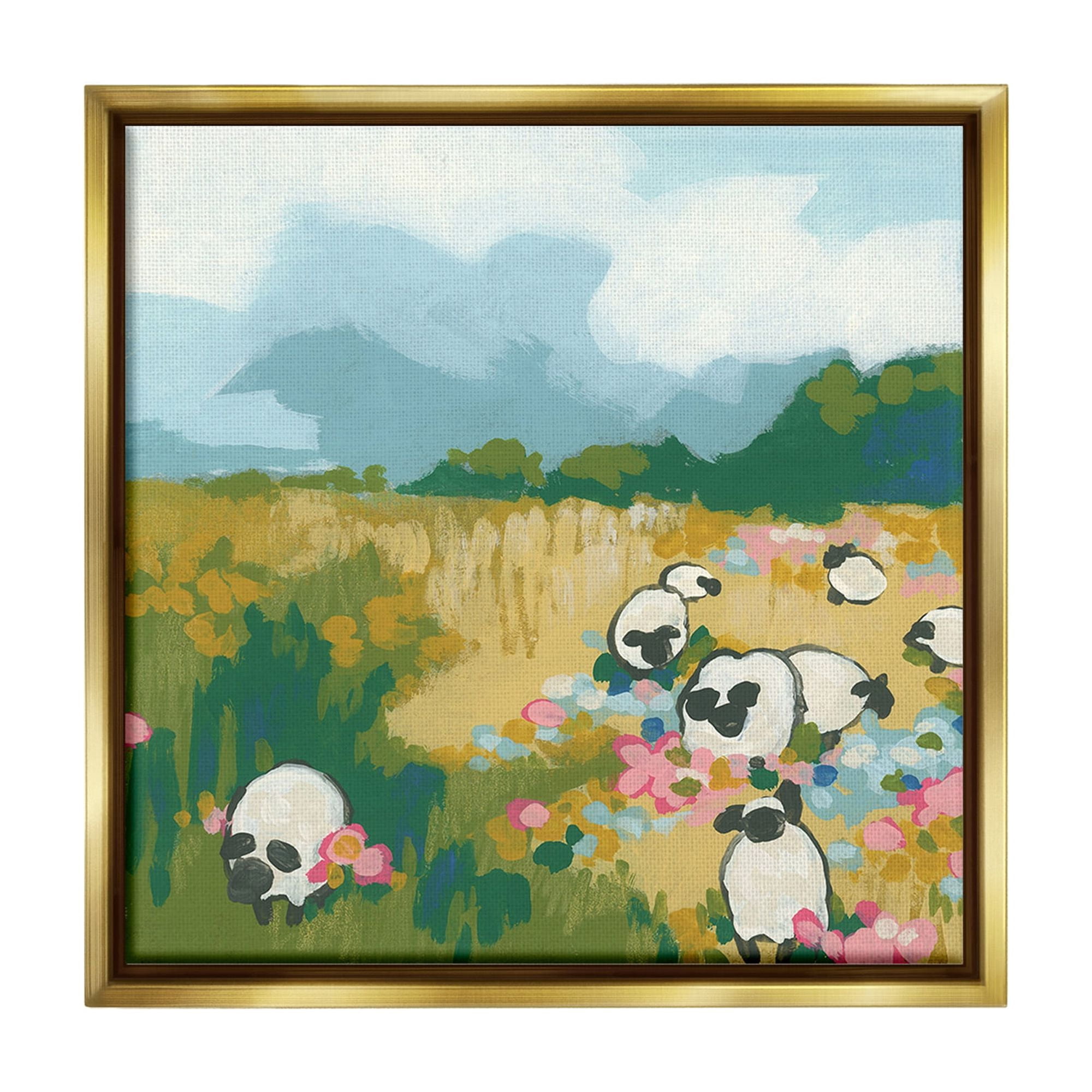 Stupell Industries Abstract Sheep & Flowers Landscape Painting Gold Floater Framed Canvas Art Print Wall Art, 25 x 25