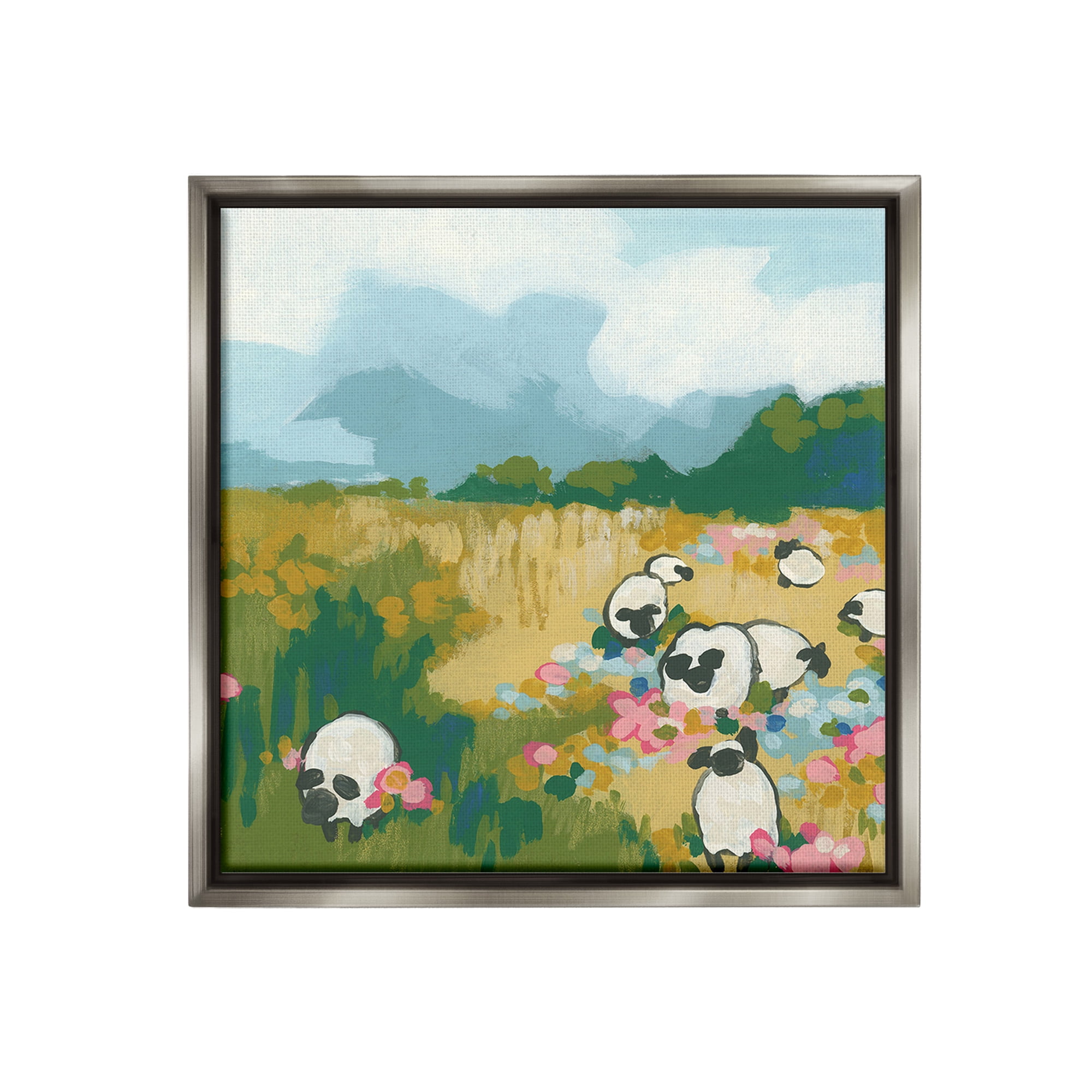 Stupell Industries Abstract Sheep & Flowers Landscape Painting Gray Floater Framed Canvas Art Print Wall Art, 18 x 18