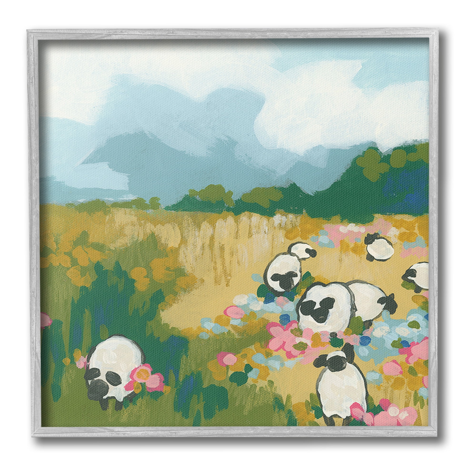 Stupell Industries Abstract Sheep & Flowers Landscape Painting Gray Framed Art Print Wall Art, 17 x 17