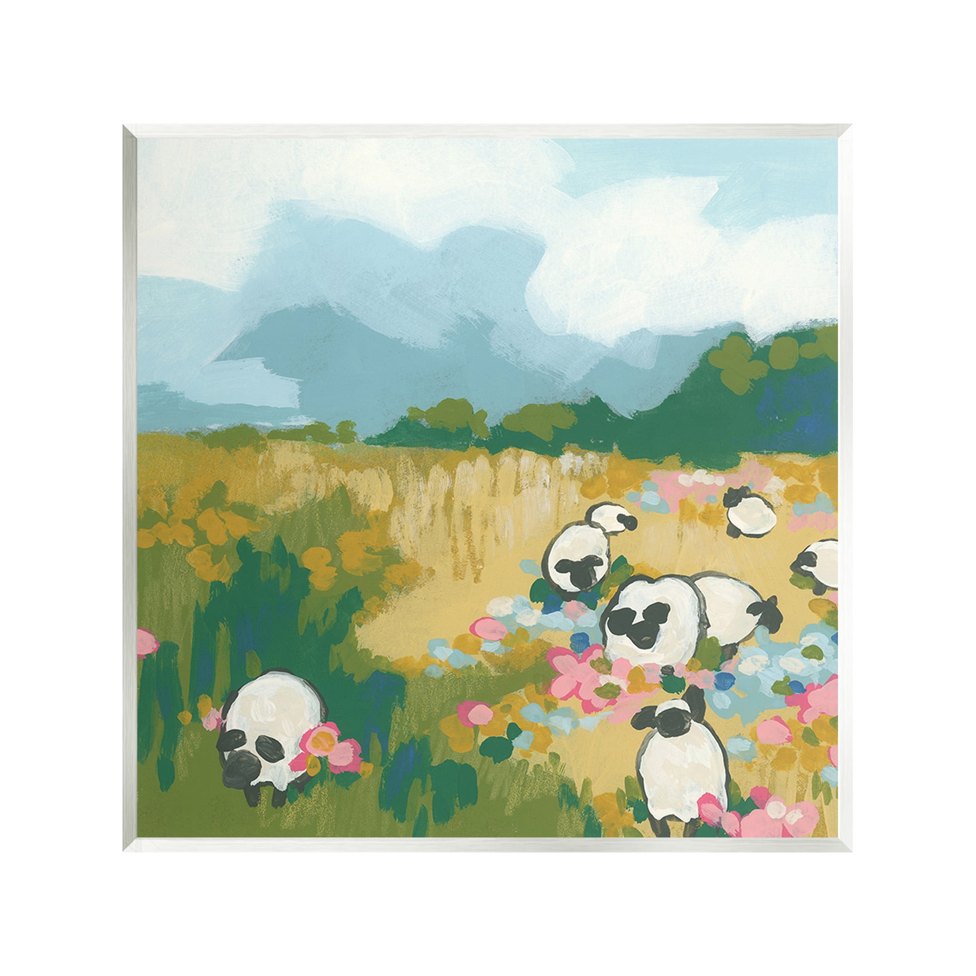Stupell Industries Abstract Sheep & Flowers Landscape Painting Unframed Art Print Wall Art, 12 x 12