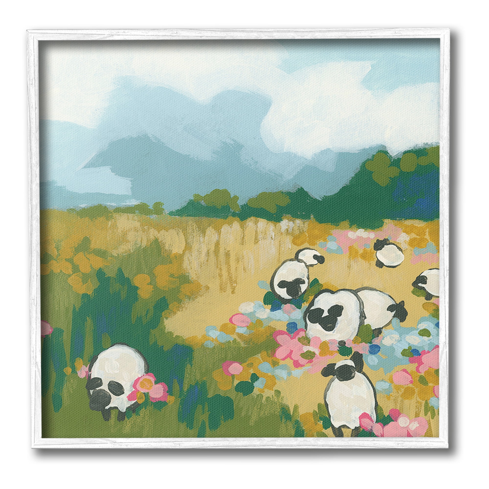 Stupell Industries Abstract Sheep & Flowers Landscape Painting White Framed Art Print Wall Art, 17 x 17