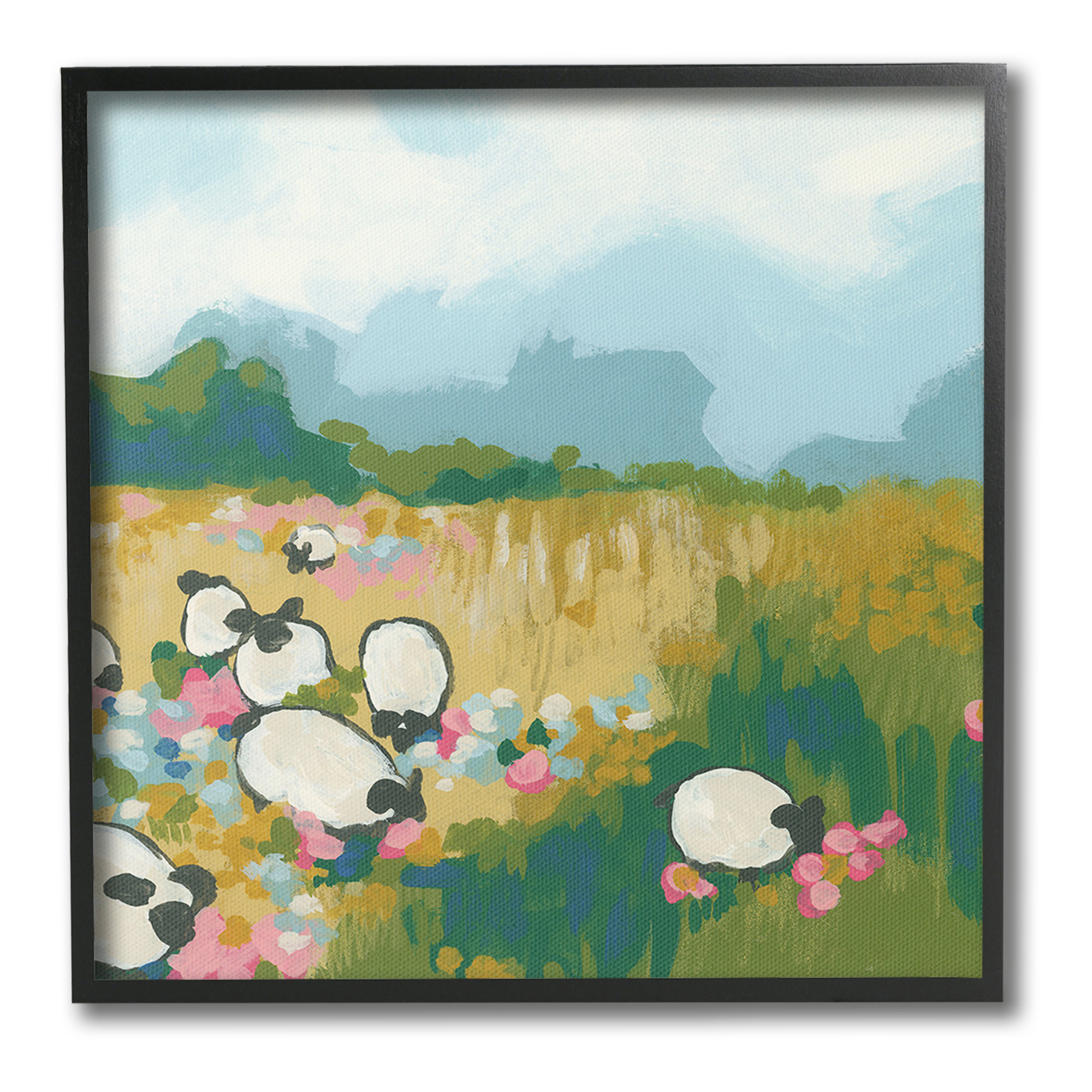 Stupell Industries Abstract Sheep Grazing Landscape Painting Black Framed Art Print Wall Art, 24 x 24