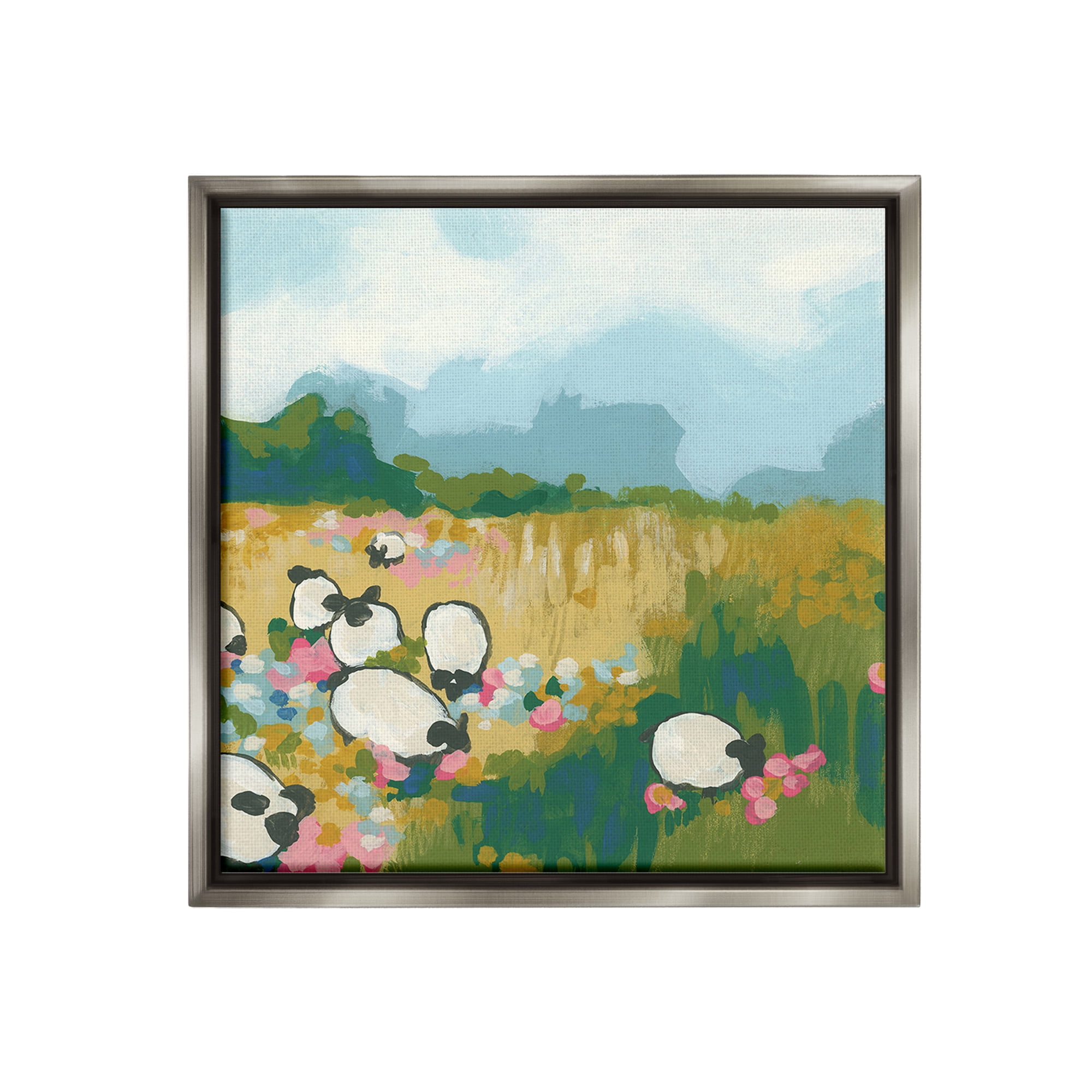 Stupell Industries Abstract Sheep Grazing Landscape Painting Gray Floater Framed Canvas Art Print Wall Art, 18 x 18